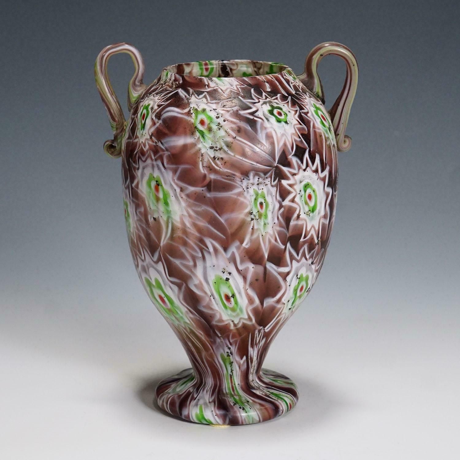 Antique Millefiori Vase In Purple, Green And White, Fratelli Toso Murano 1910