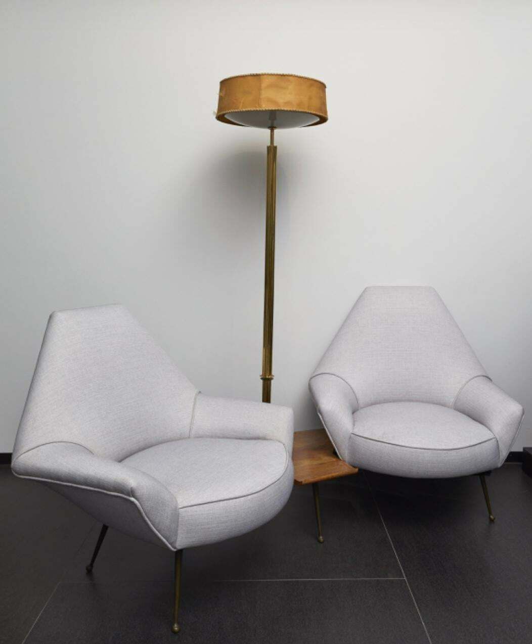 1950s Lounge With Floor Lamp, Wood Brass Padded, 1950, Italy photo Lighting
