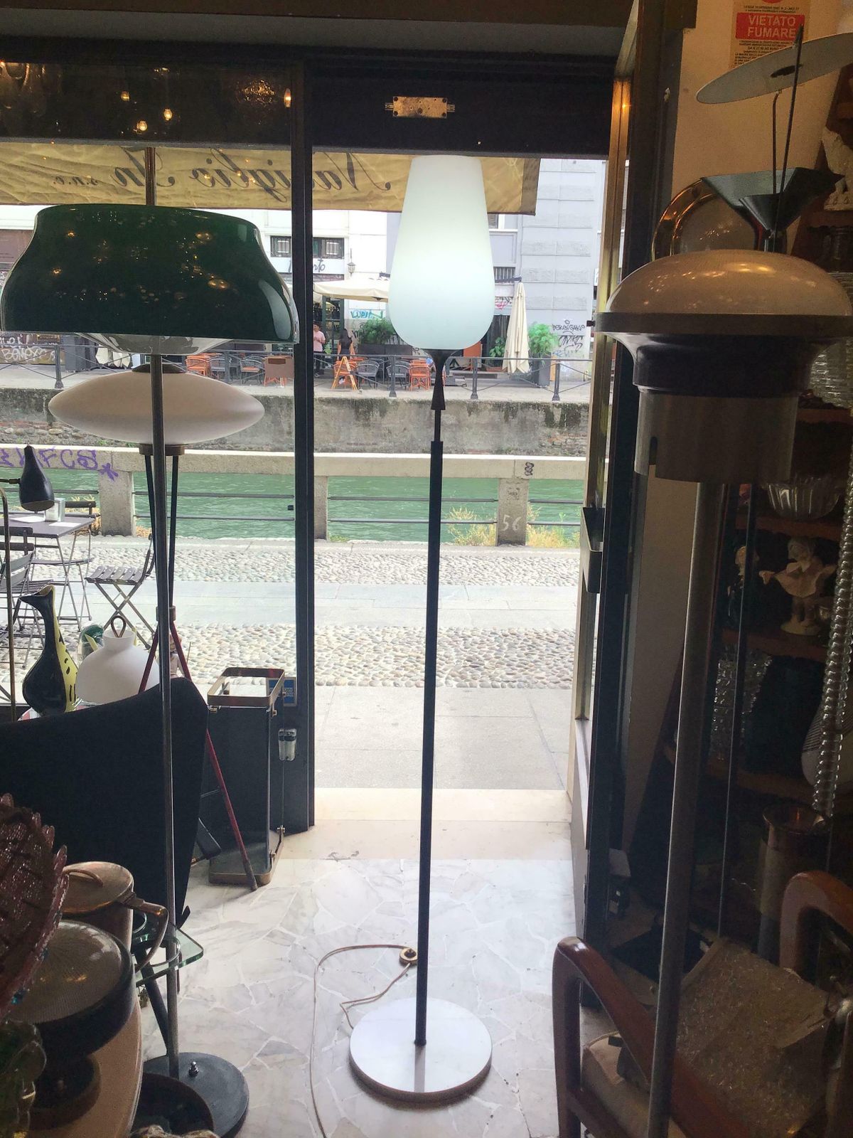 photo vintage Arredoluce Angelo Lelii Floor Lamp Opaline Glass Brass Marble, 1953, Italy