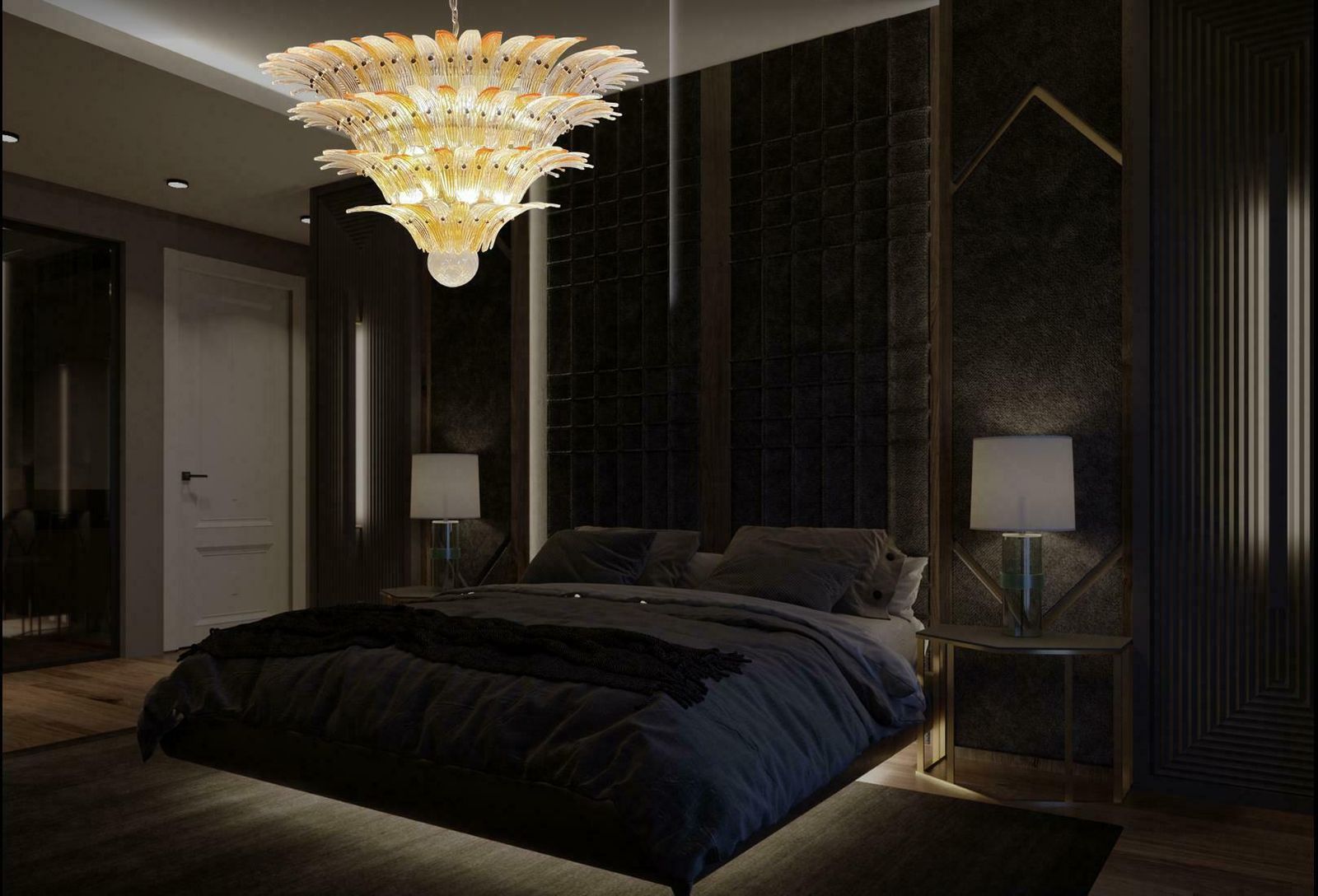 Amazing Palmette Ceiling Lights   Four Levels, 163 Amber And Transparent Glasses photo vintage