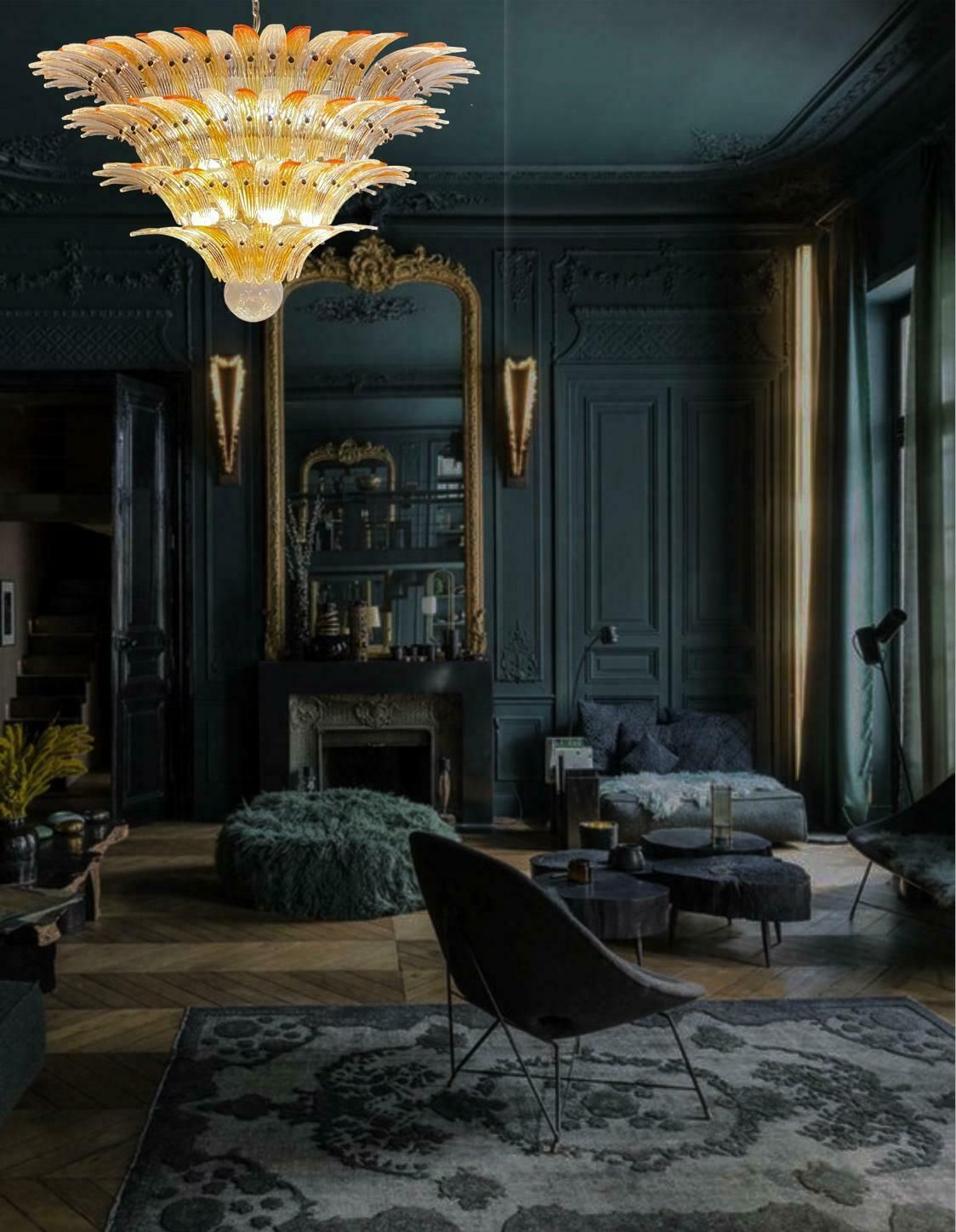 photo vinterior Amazing Palmette Ceiling Lights   Four Levels, 163 Amber And Transparent Glasses