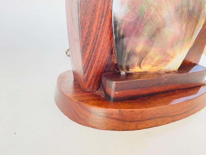 photo for sale Table Lamp Carved In Wood With Shell Shade Brown Color, France, 1950