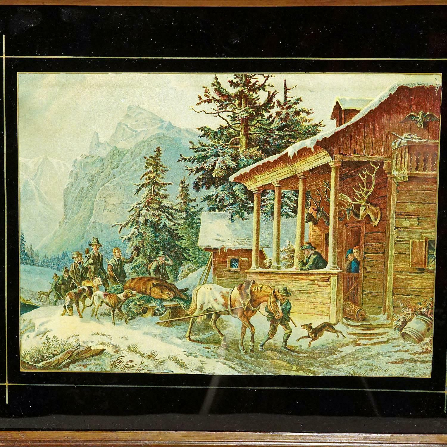 Antique Oil Print With Bear Hunt Scene After Heinrich Buerkel 19th Cetntury photo furniture
