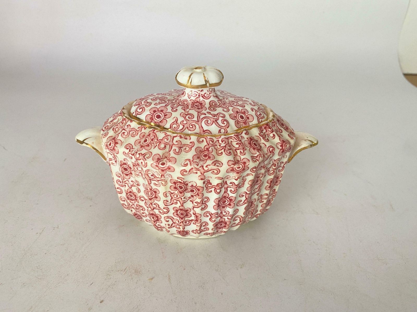 156.0 Sugar French Porcelain Sugar Pot White And Red Color 20th Century photo