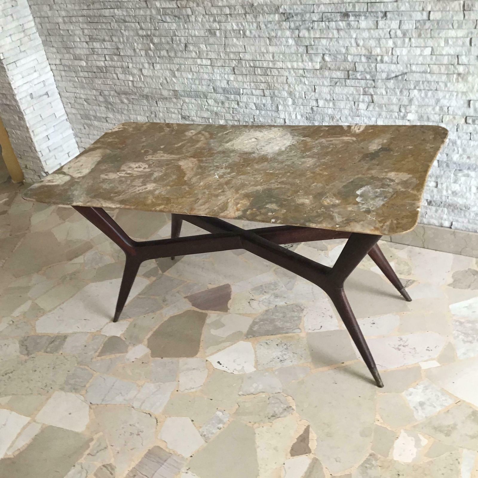 Gio’ Ponti Coffee Table Brass Wood Marbre, 1950, Italy photo furniture
