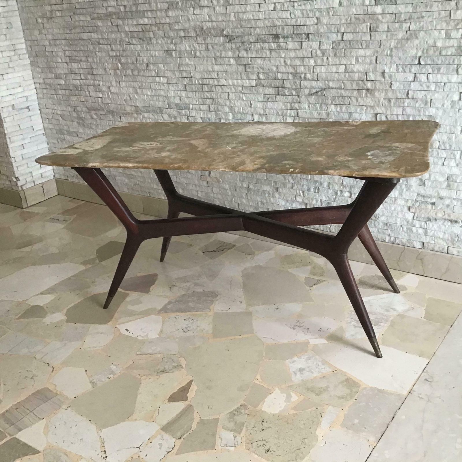 Gio’ Ponti Coffee Table Brass Wood Marbre, 1950, Italy photo for sale