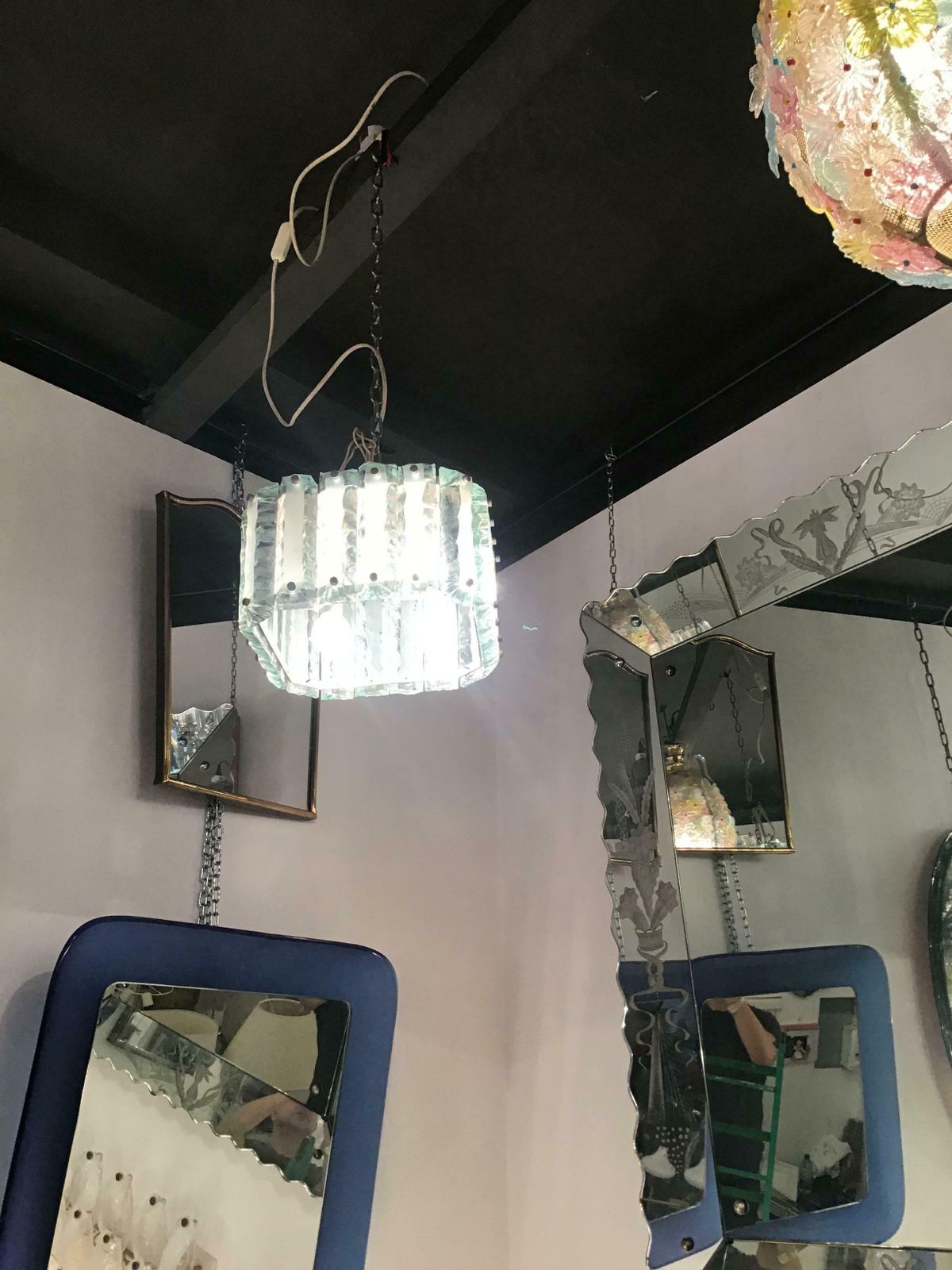 Fontana Arte Chandelier Glass Hammered Metal Chrome 1950 Italy photo furniture