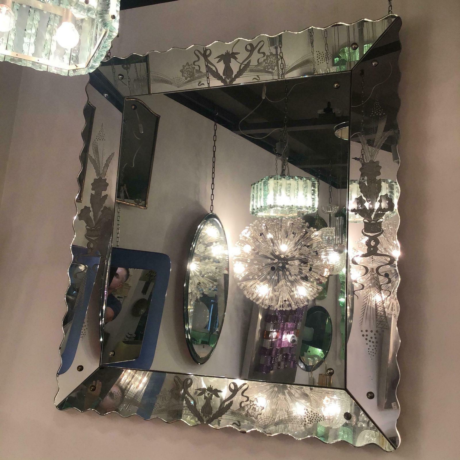 Fontana Arte Chandelier Glass Hammered Metal Chrome 1950 Italy photo vintage
