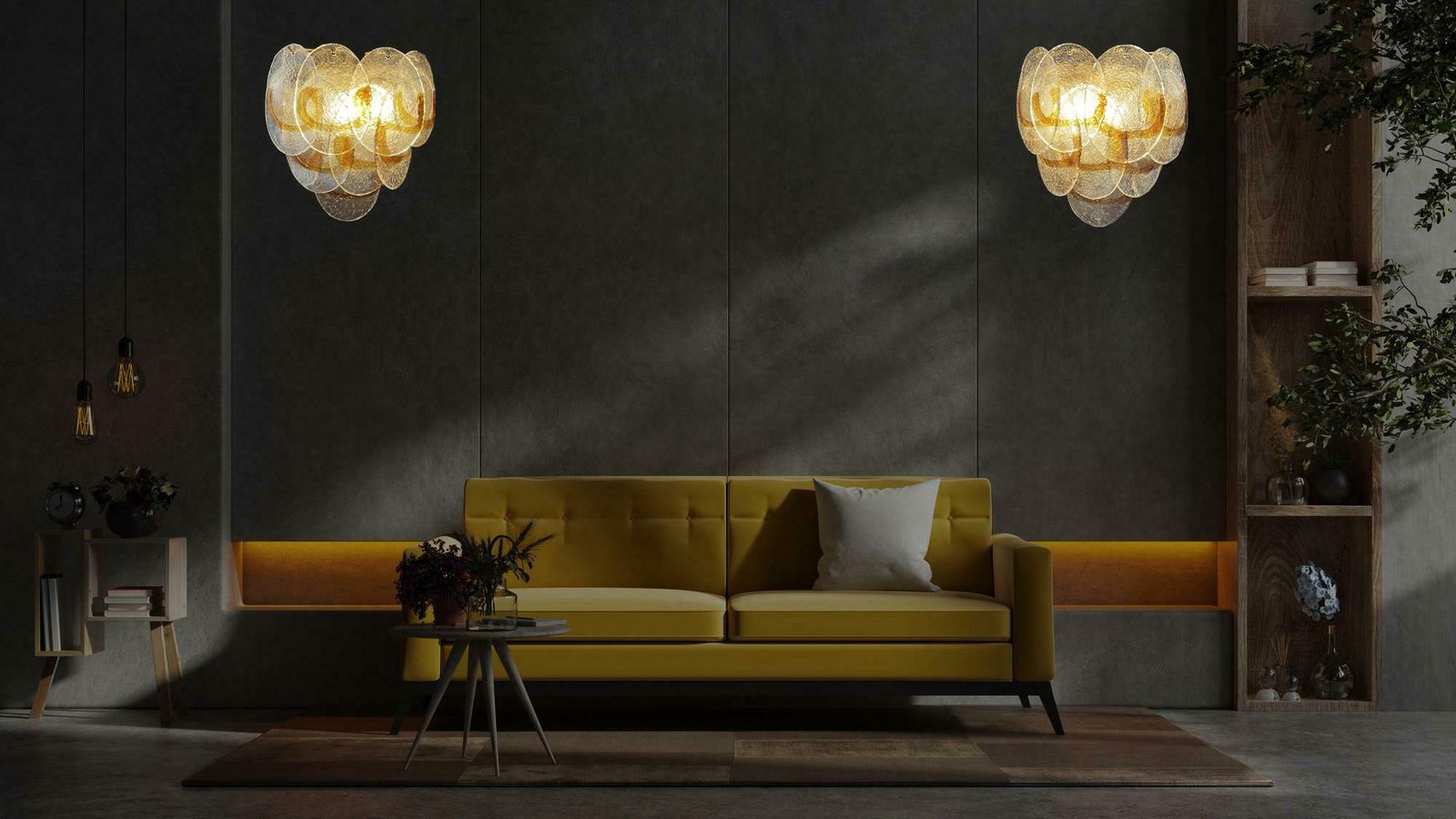 Amazing Pair Of Vintage Italian Murano Wall Lights  Trasparent And Amber Glass photo furniture