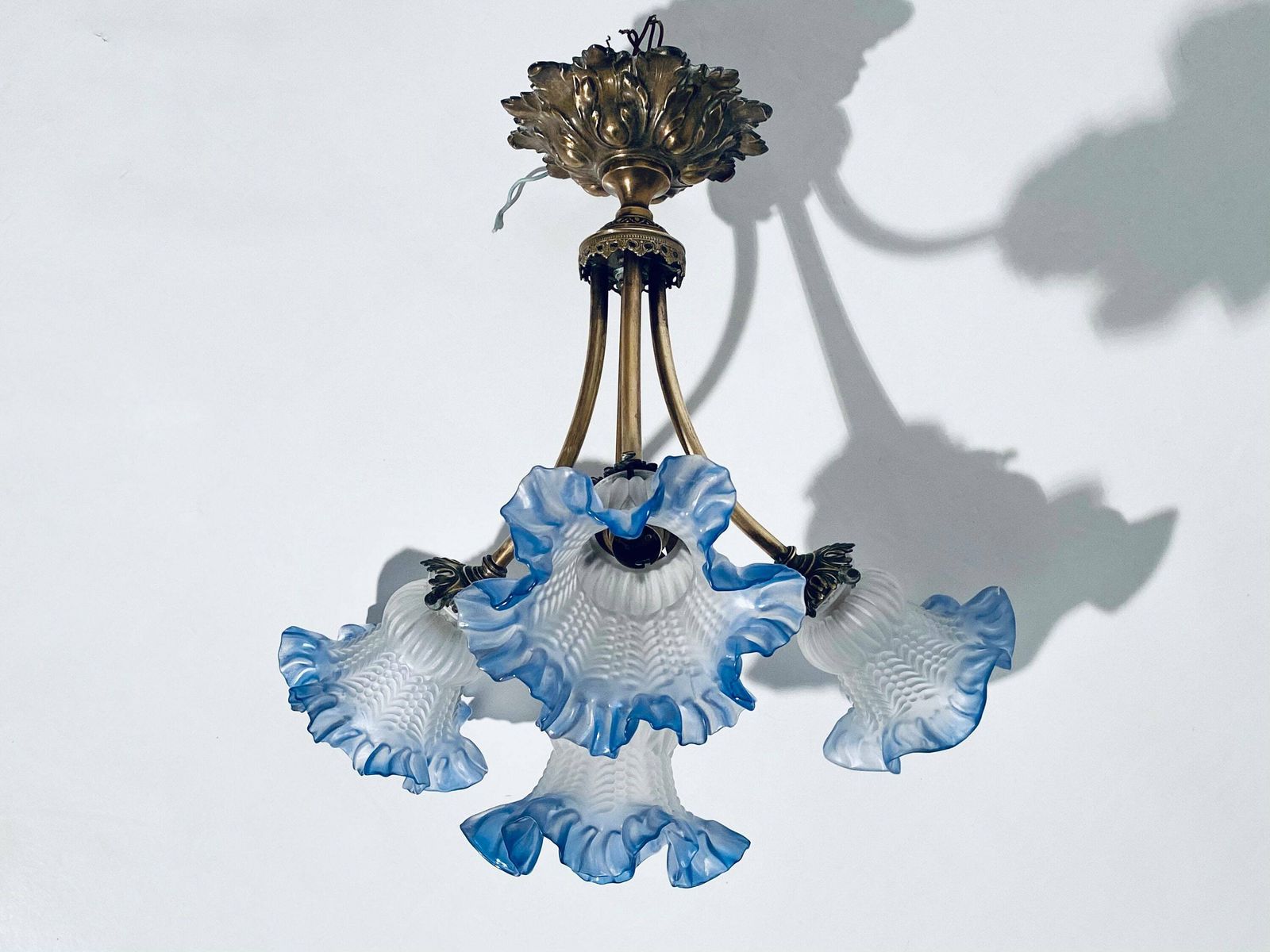 Antique Art Nouveau Ceiling Lamp Blue Flower Lamp Hanging Shade / 1900s France