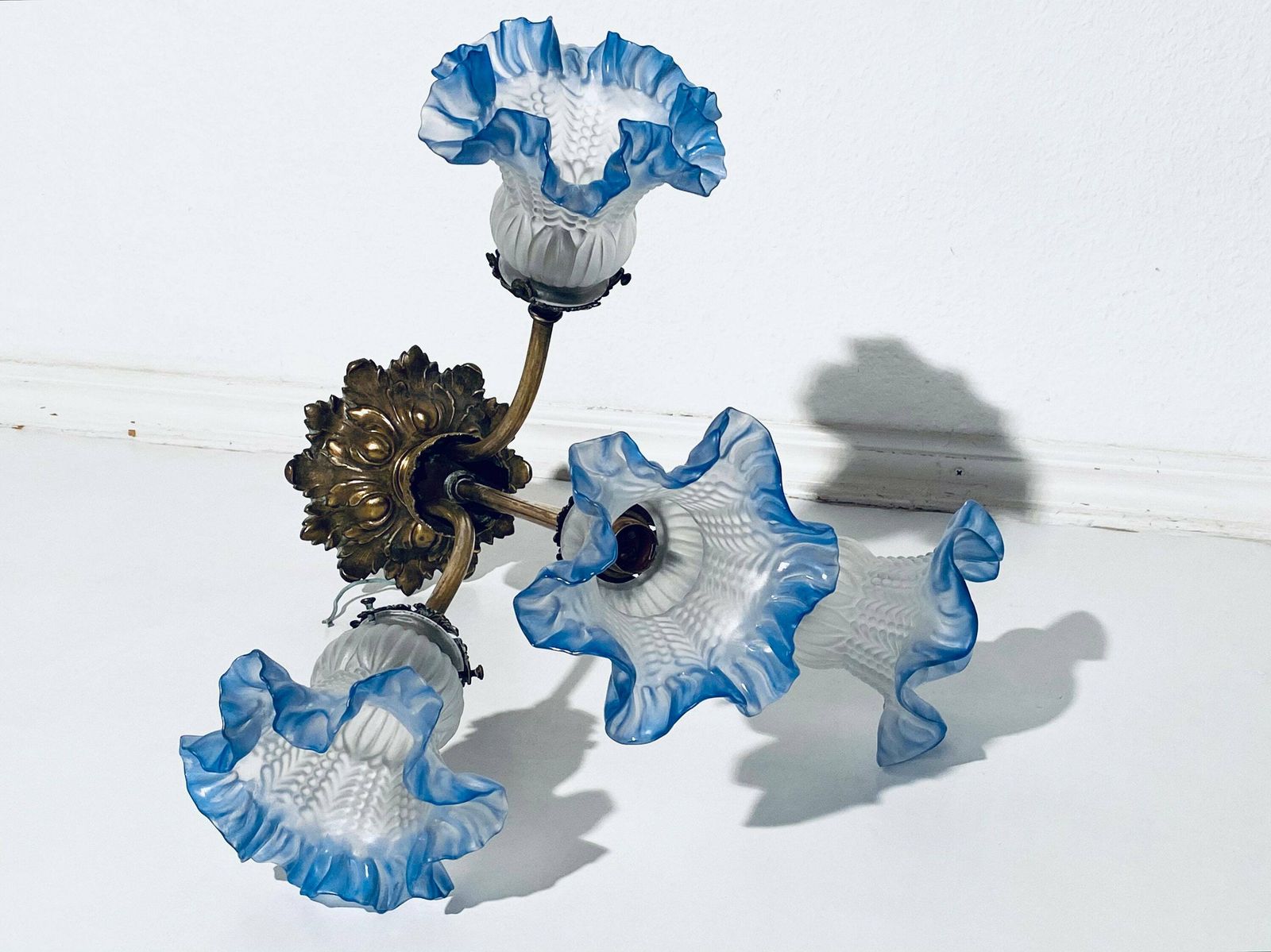 Antique Art Nouveau Ceiling Lamp Blue Flower Lamp Hanging Shade / 1900s France photo vintage