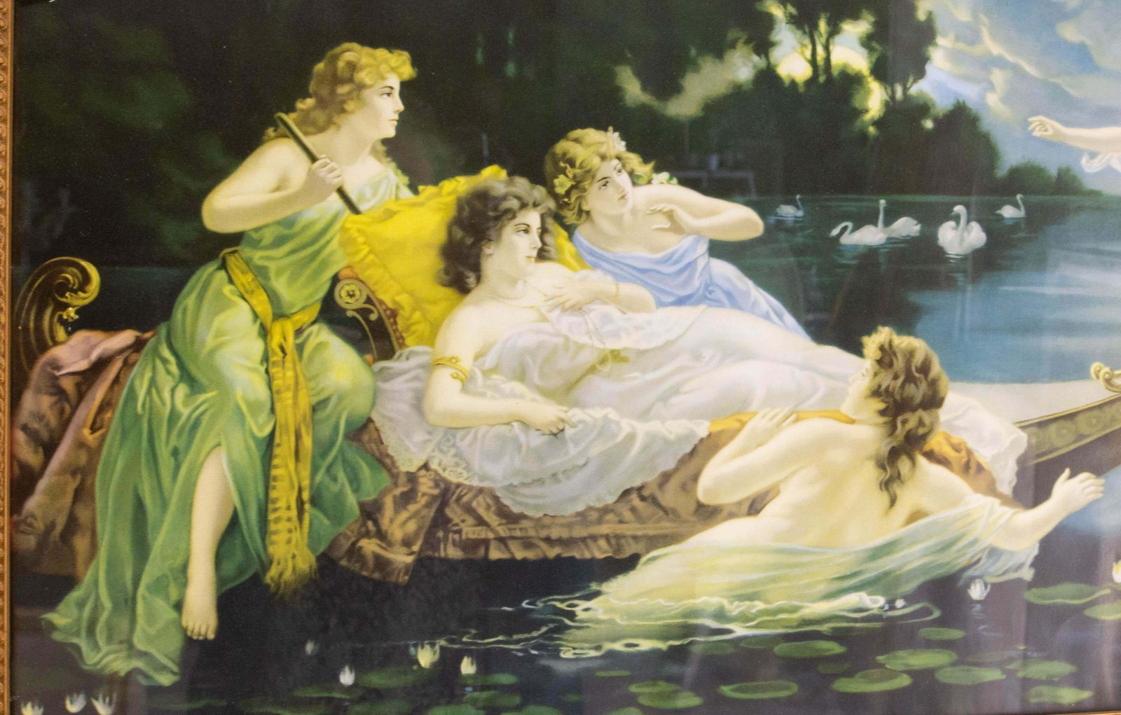 Chromo Lithograph Boat Of Nymphs By H Clementz In Its Frame, Late 19th Century photo for sale