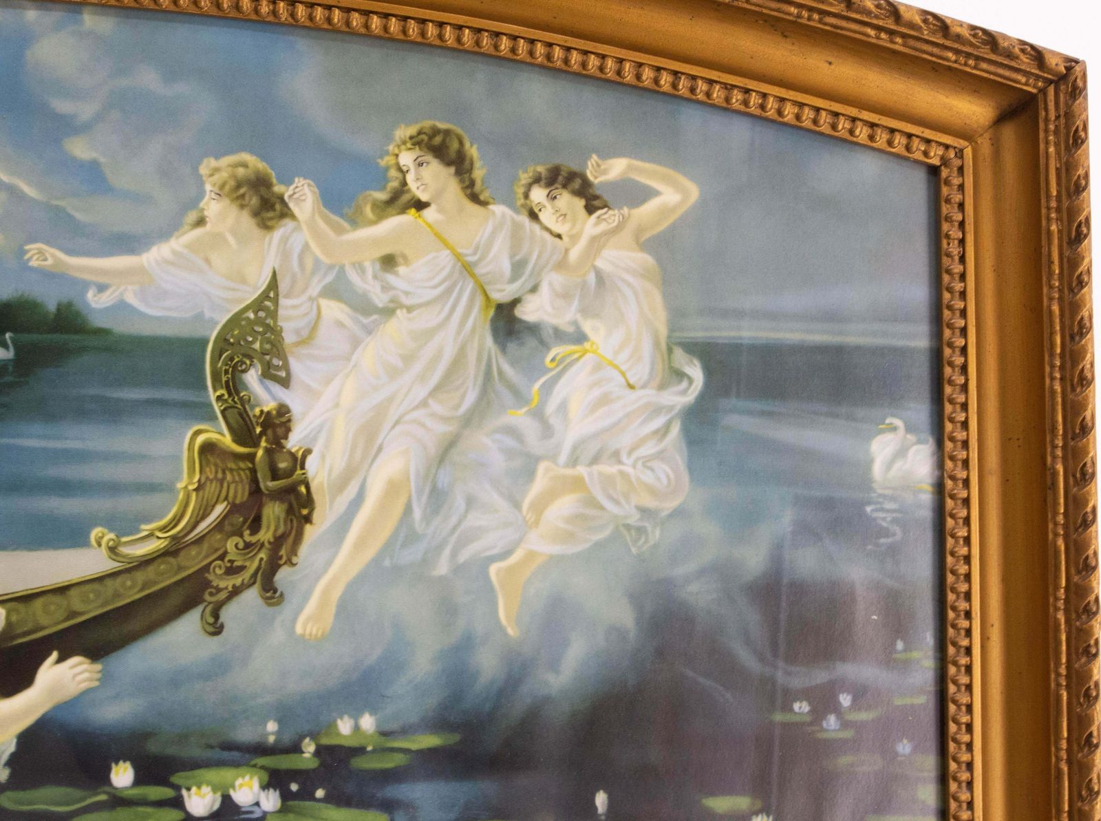 Chromo Lithograph Boat Of Nymphs By H Clementz In Its Frame, Late 19th Century photo Art