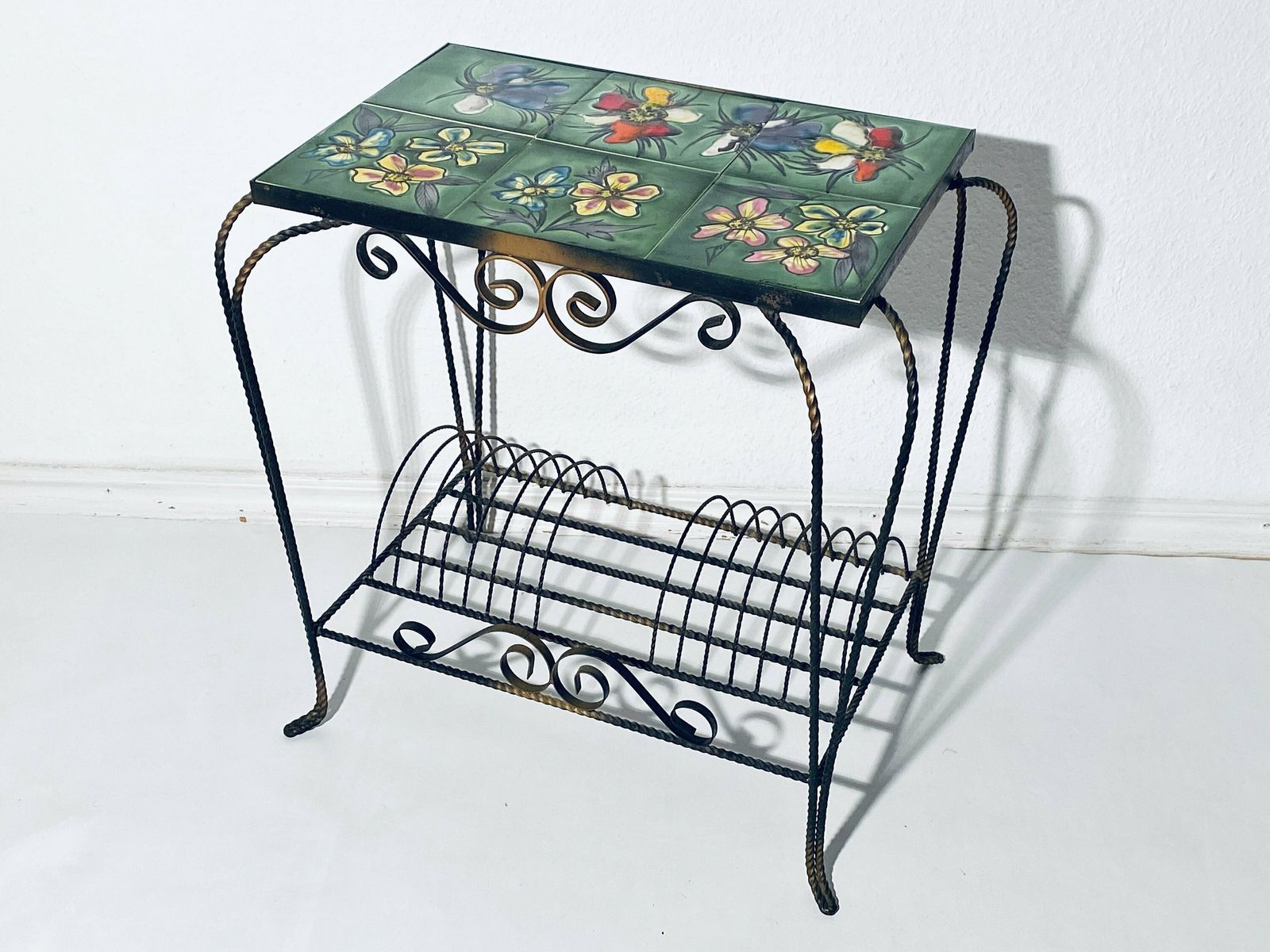 1970s Vallauris Table Ceramic Tiles Flower Motif / Vintage Space Age Design Furniture