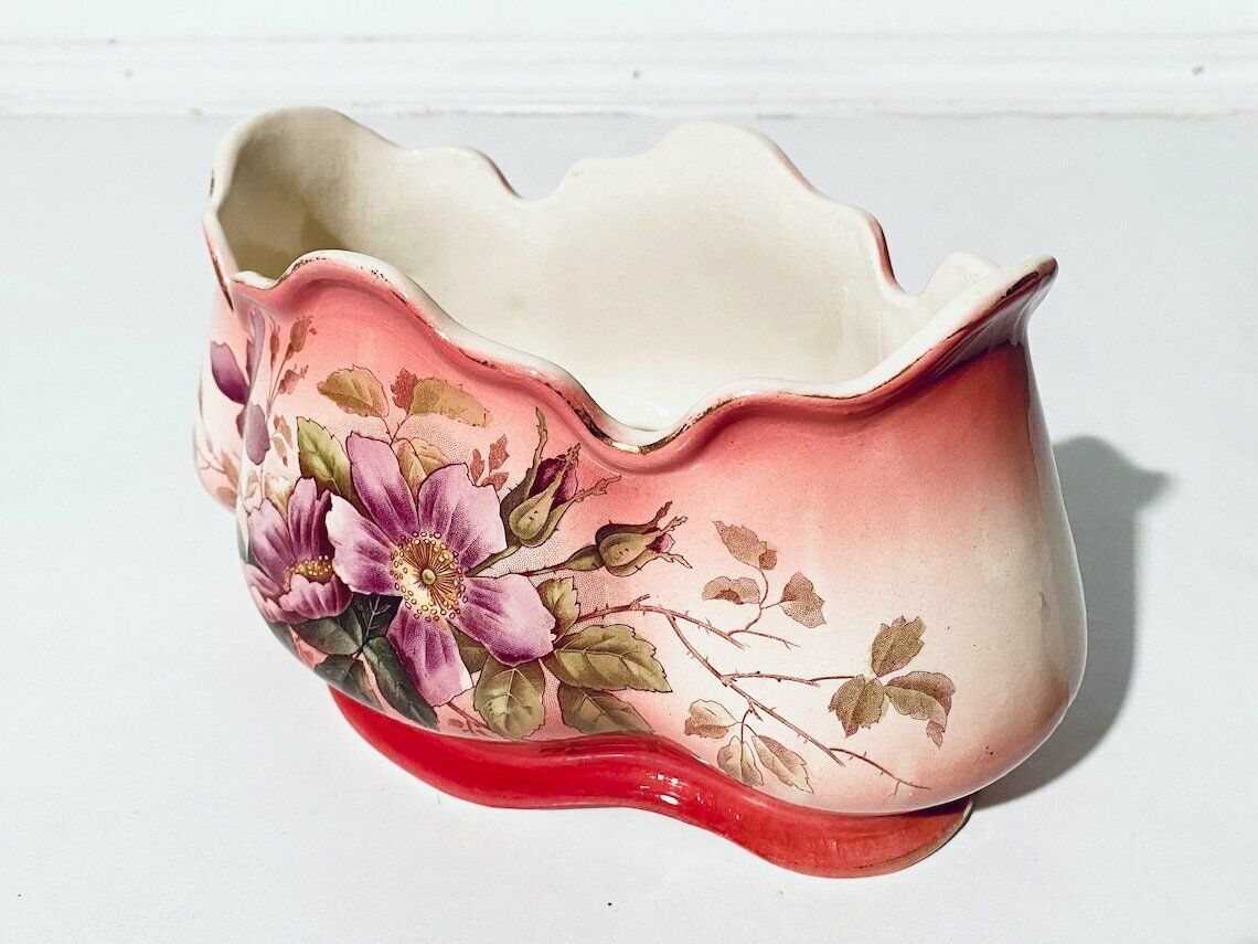 Large Art Nouveau Faiencerie Fives Lille De Bruyn Rectangular Floral Motif Ceramic Planter / 1900s French Majolica photo vinterior