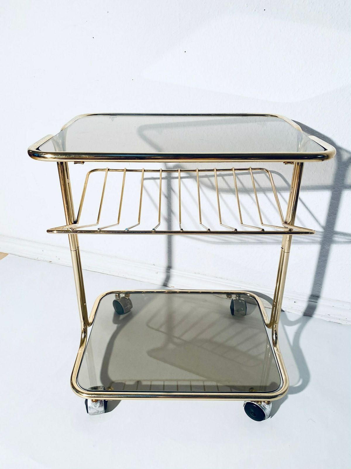 1970s Gold Smoked Glass Shelving Trolley / Vintage Space Age Home Decor photo 245.0