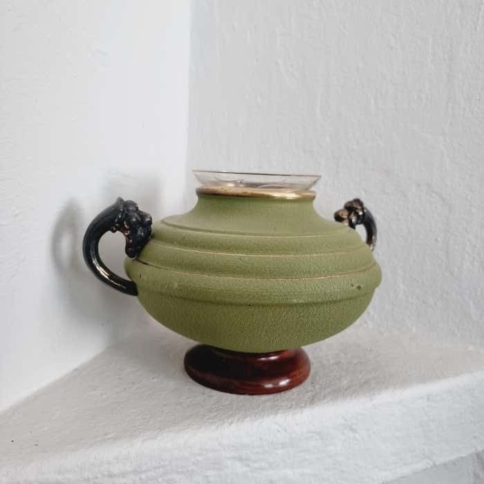 photo furniture Vase In Metal, Wood And Engraved Glass. Swedish Grace, 1930s.