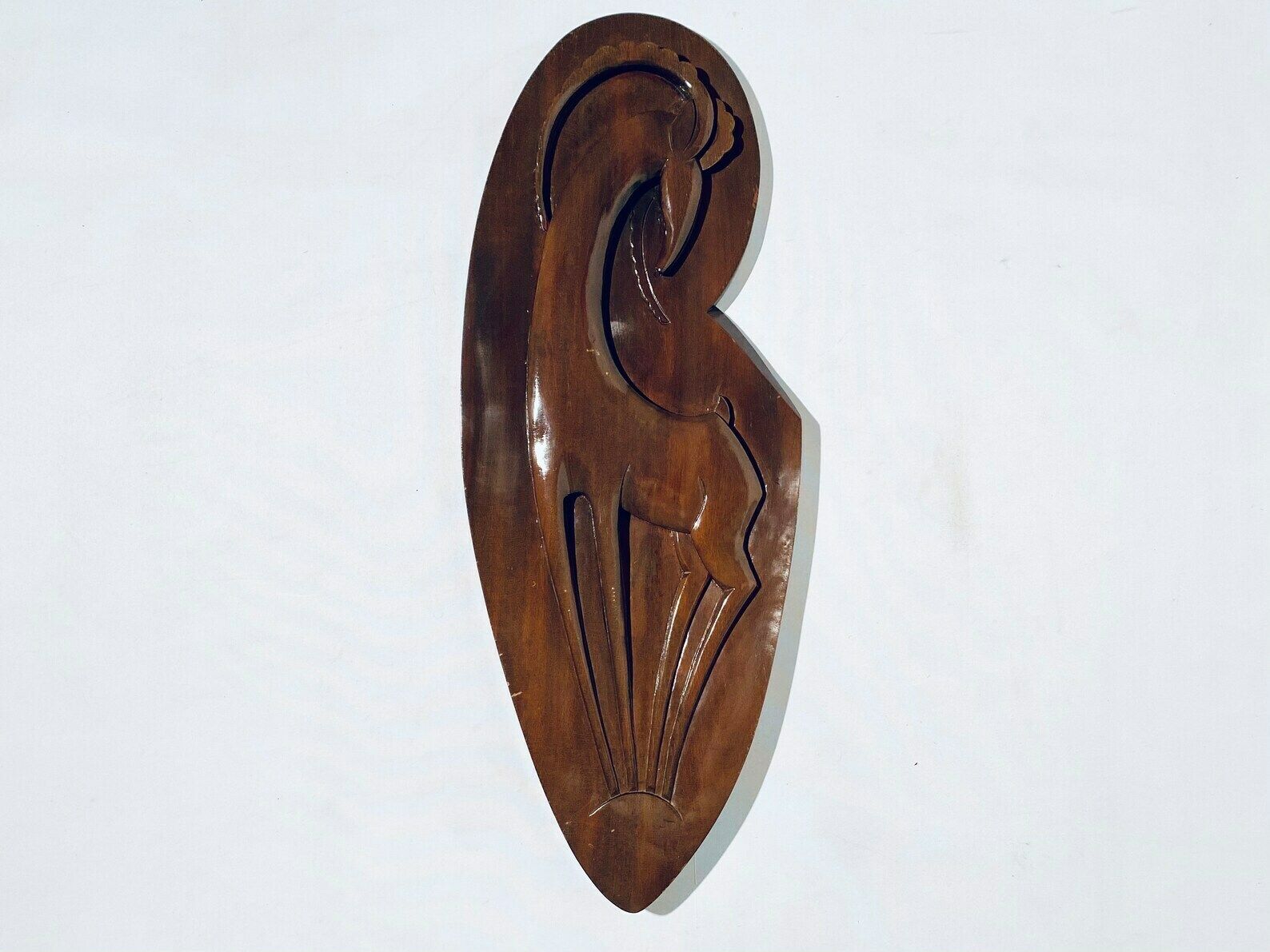 Large Mid Century Ibex Wooden Carving Picture Vintage 50s 60s Decor