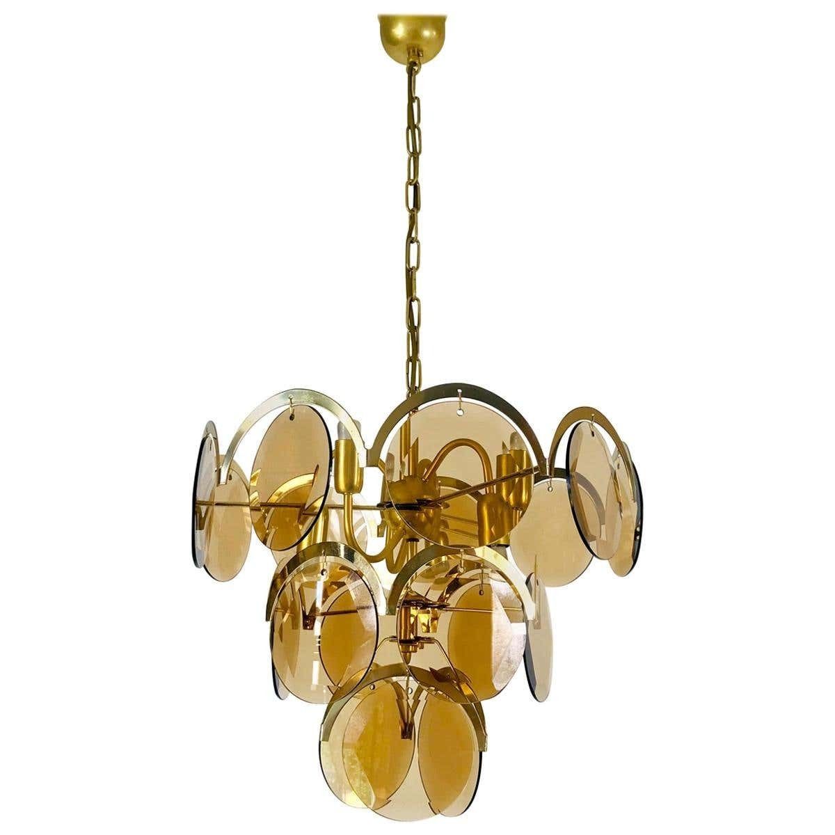 Midcentury Three Tier Brass And Glass Chandelier By Vistosi, 1960s