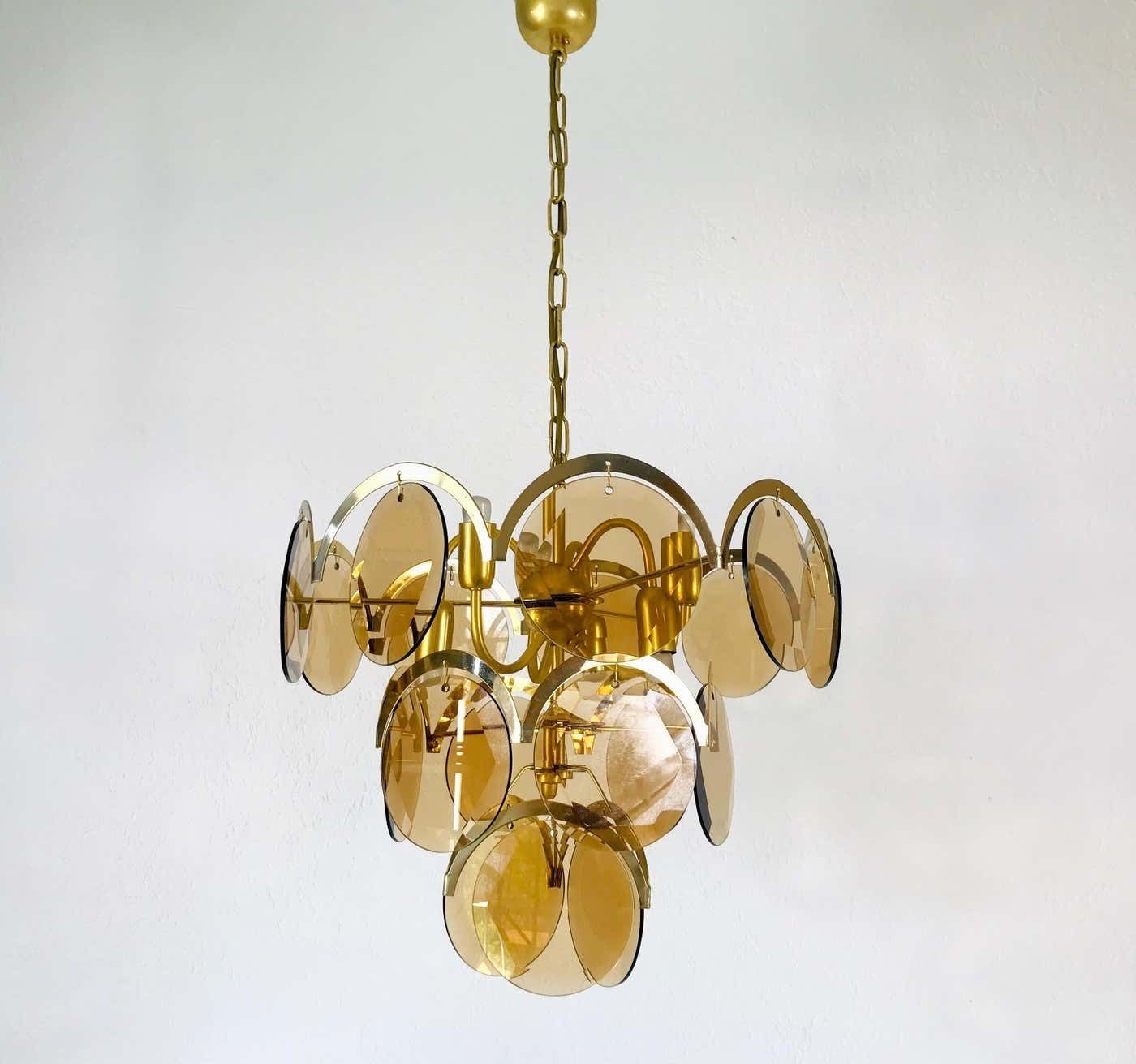 Midcentury Three Tier Brass And Glass Chandelier By Vistosi, 1960s photo 1277.0