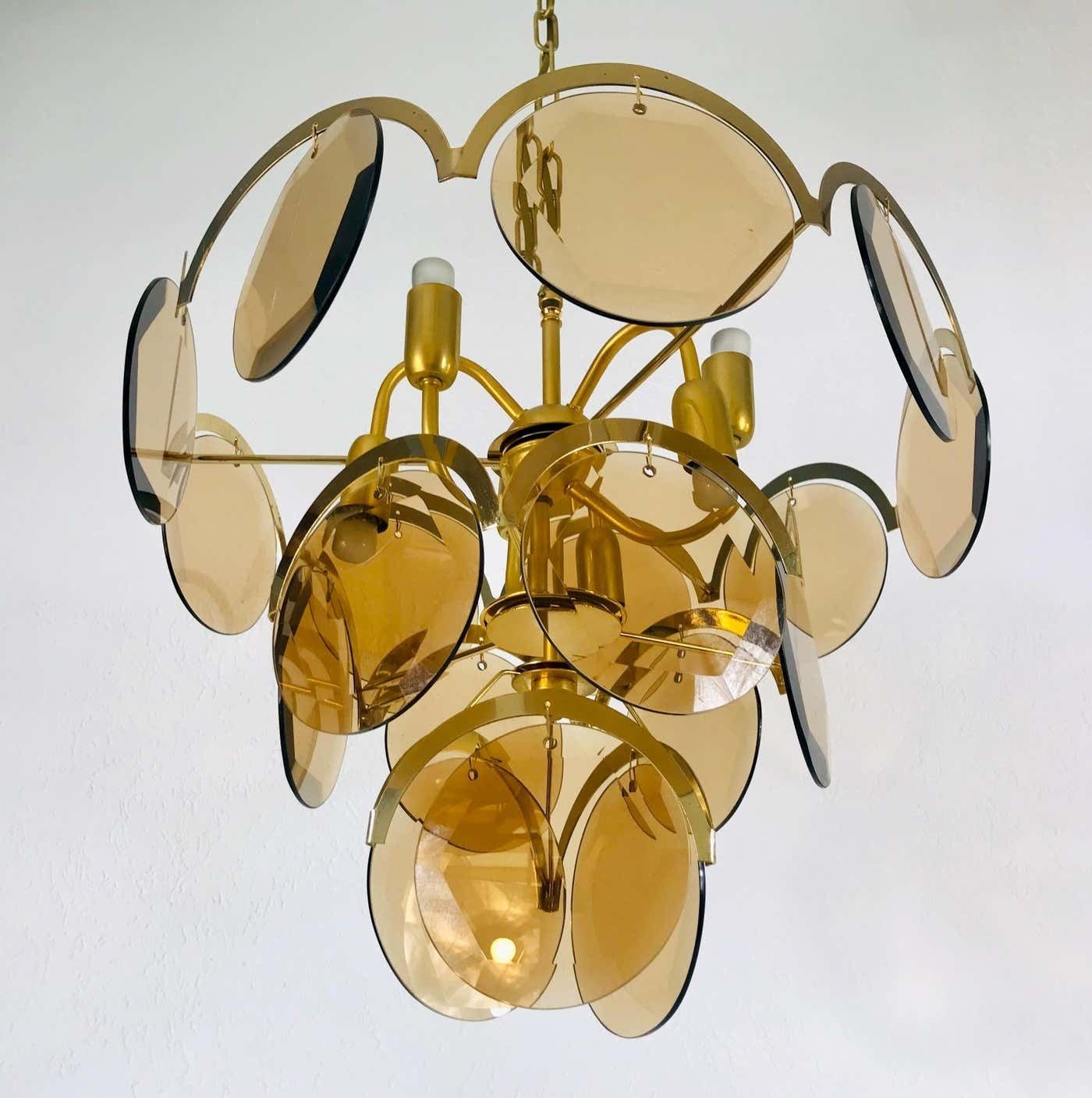Midcentury Three Tier Brass And Glass Chandelier By Vistosi, 1960s photo vintage
