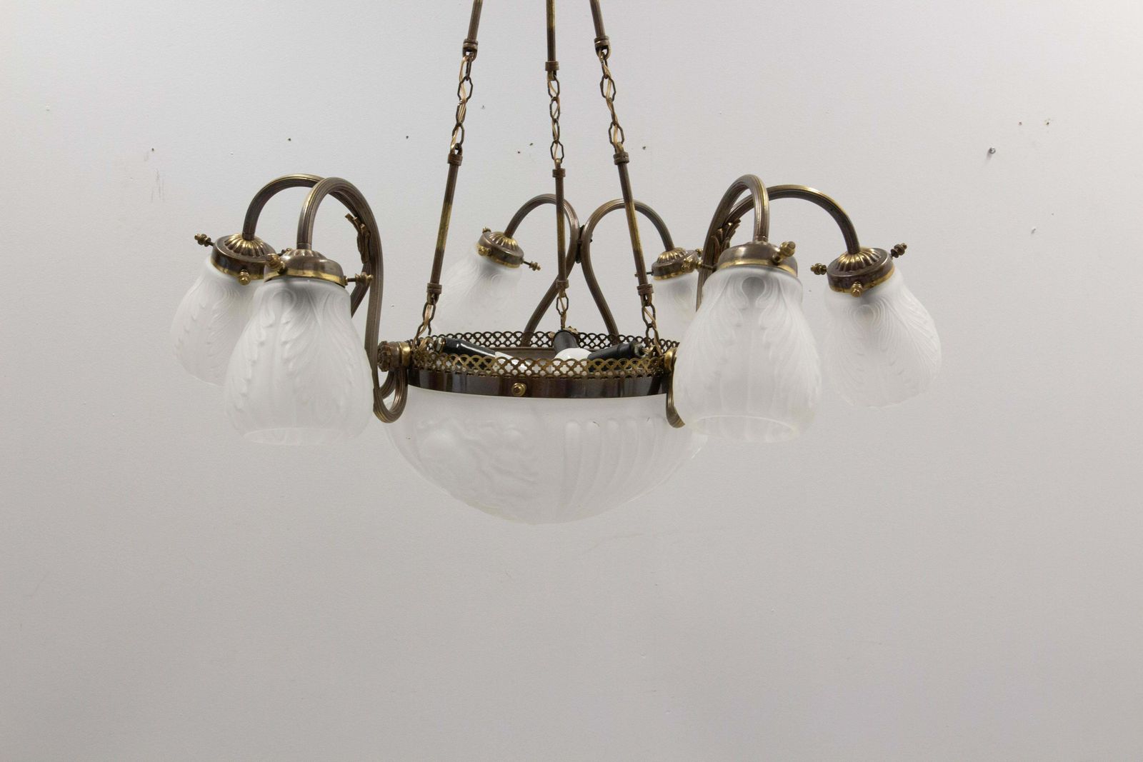French Art Deco Chandelier Frozen Glass & Brass Ceiling Pendant, Circa 1930 photo for sale