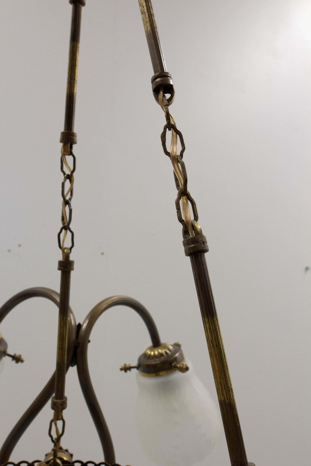 French Art Deco Chandelier Frozen Glass & Brass Ceiling Pendant, Circa 1930 photo 945.0