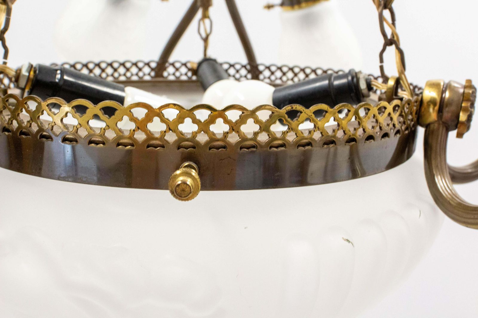 French Art Deco Chandelier Frozen Glass & Brass Ceiling Pendant, Circa 1930 photo vinterior