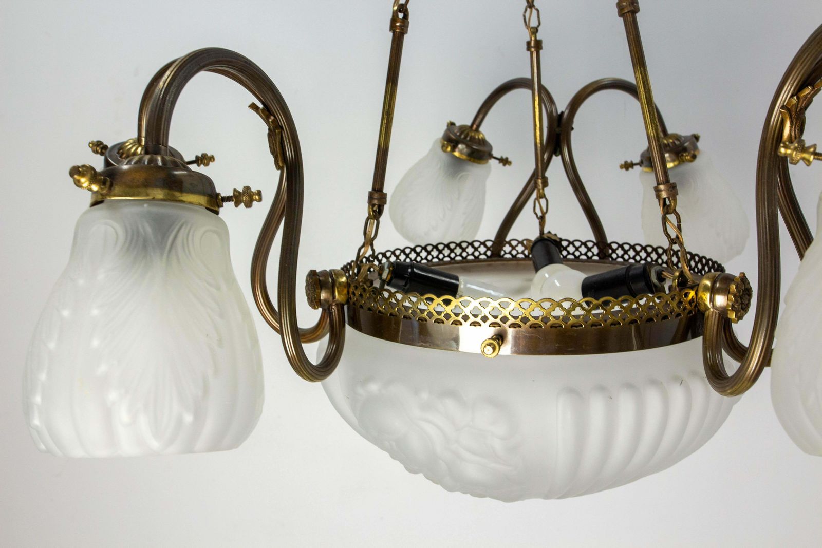 French Art Deco Chandelier Frozen Glass & Brass Ceiling Pendant, Circa 1930 photo buy