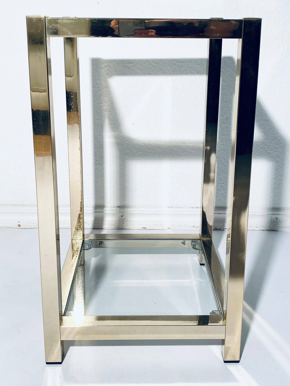1970s Italian Gold Glass Shelves Stand Sofa Table / Vintage Home Decor photo for sale