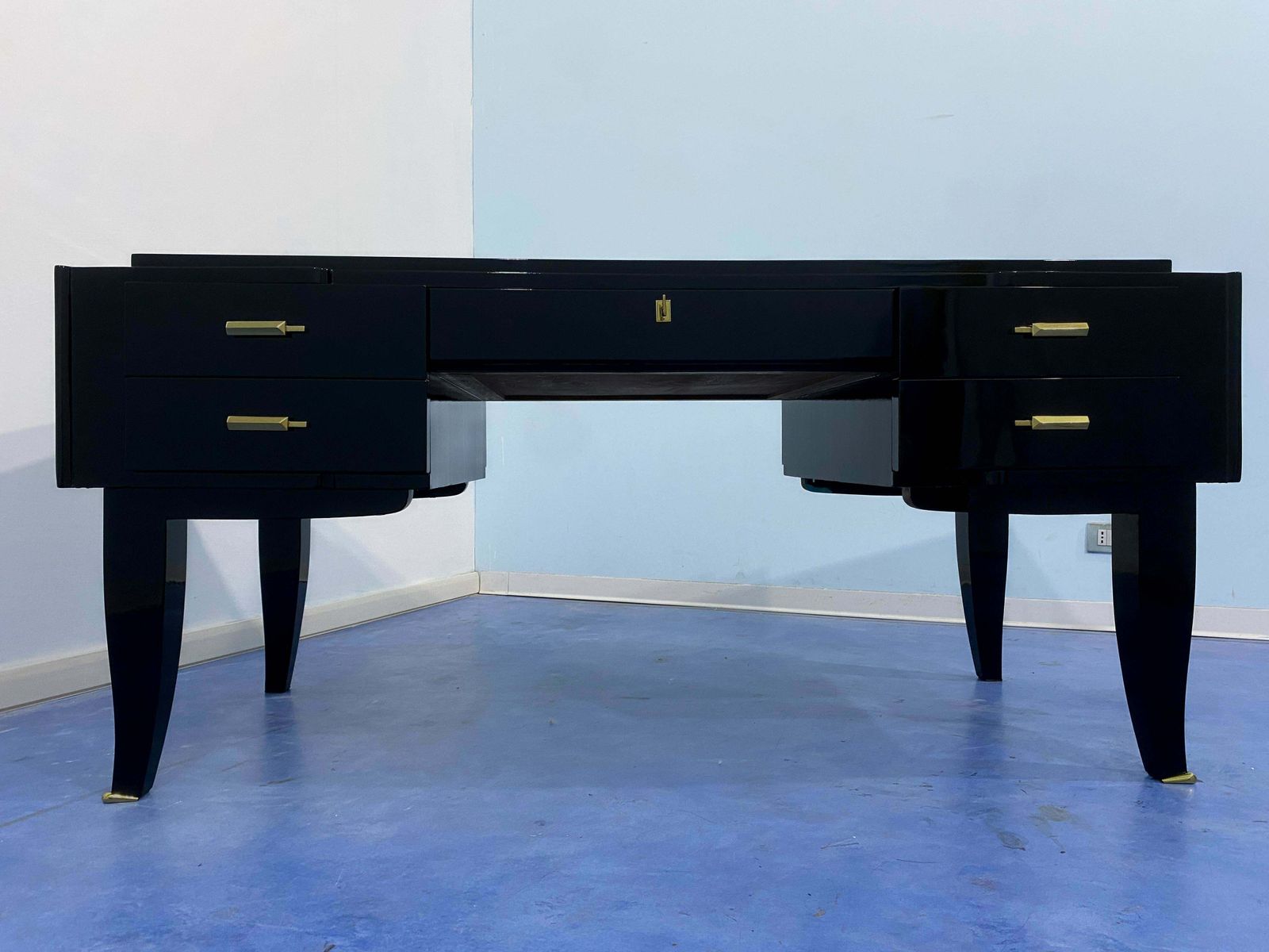 Furniture French Art Deco Black Lacquered Executive Desk, 1930s photo