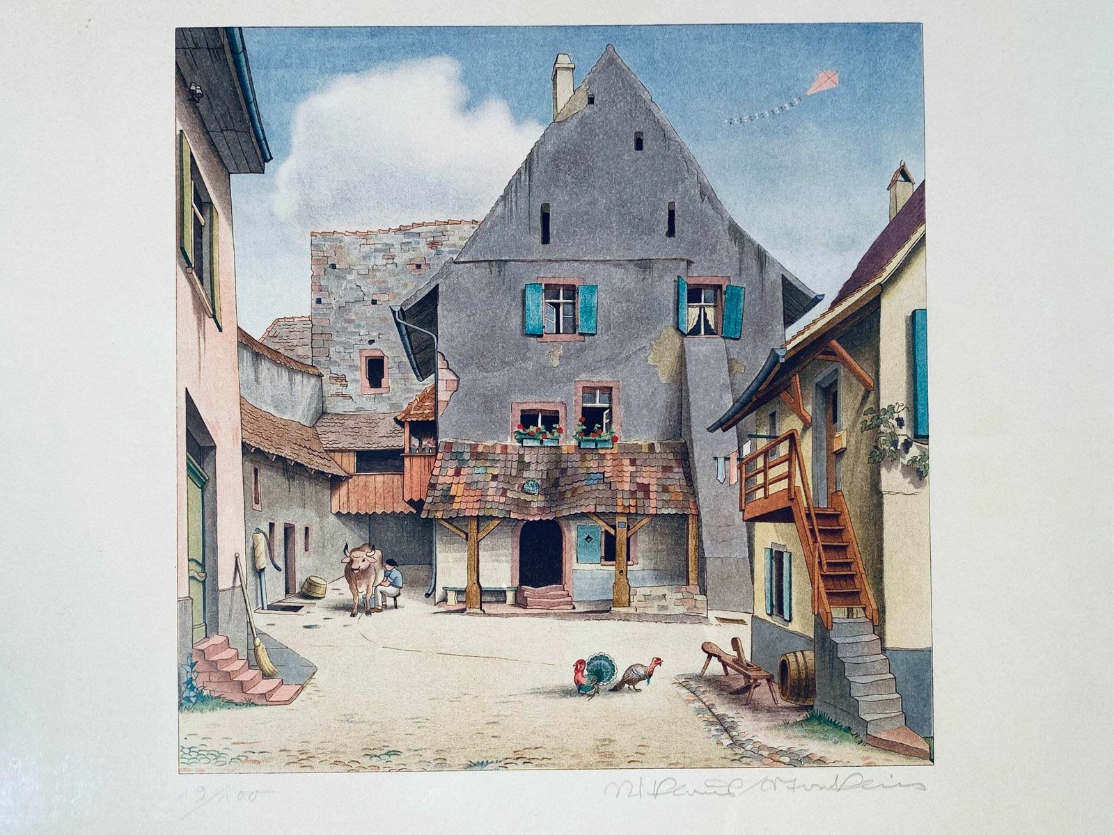 Niklaus Stöcklin Signed Limited Art Print Farm Motif Meierhof Riehen Picture Frame 1941 photo furniture