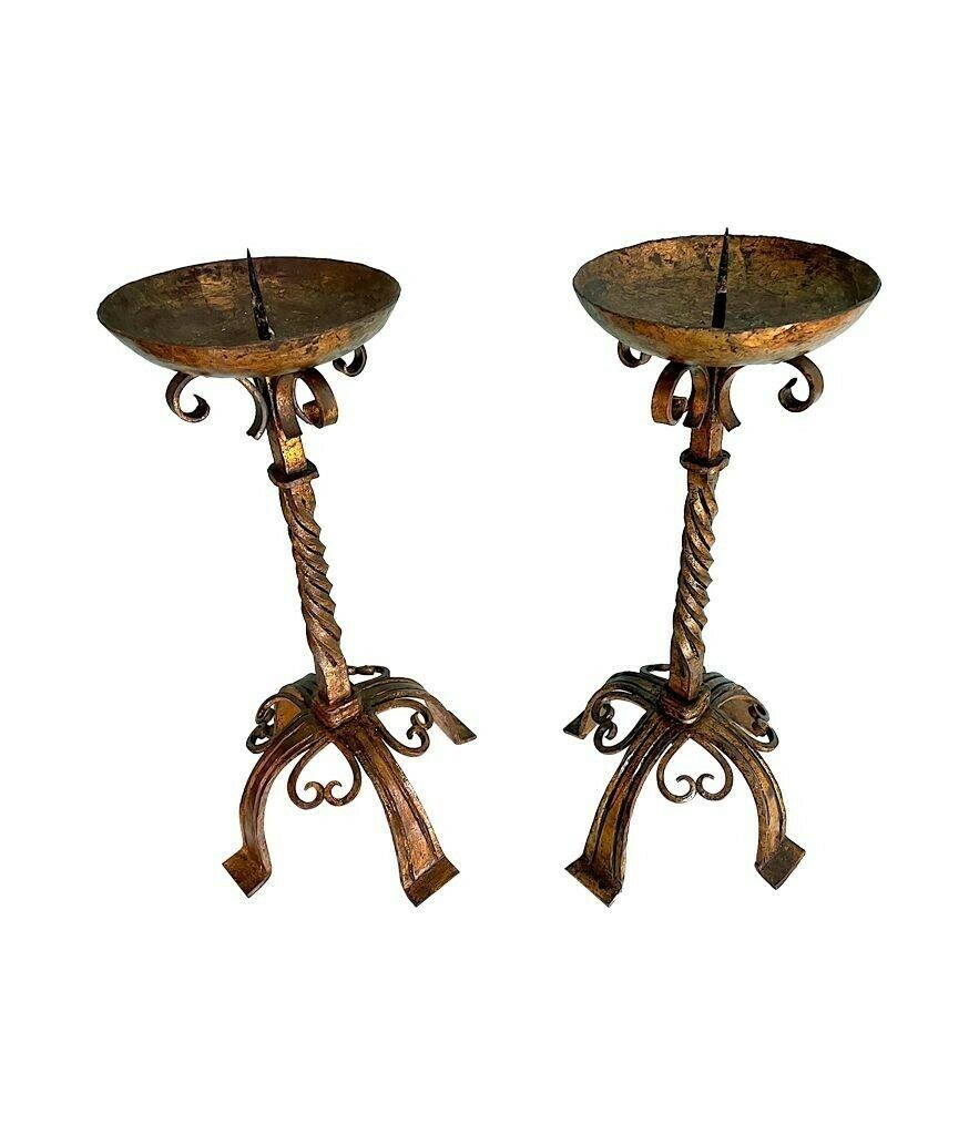 A Pair Of 1920s Spanish Ecclesiastical Gilt Wrought Iron Candle Sticks photo buy