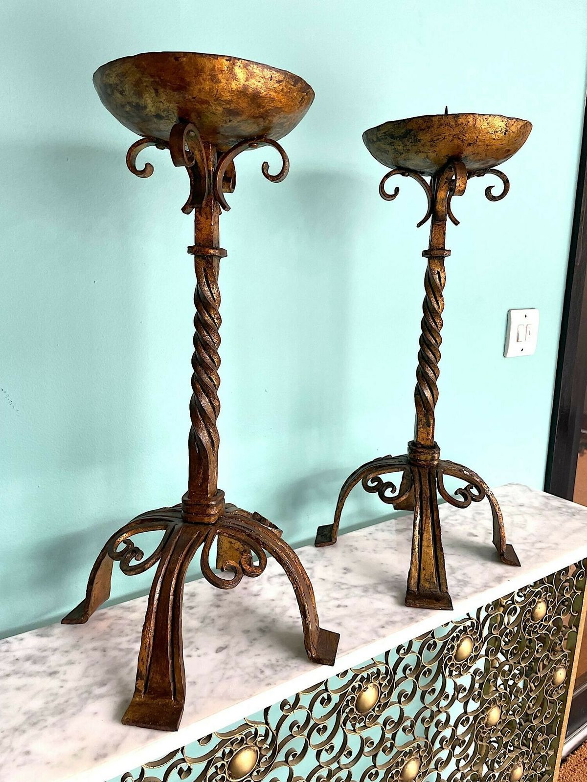 A Pair Of 1920s Spanish Ecclesiastical Gilt Wrought Iron Candle Sticks photo vintage