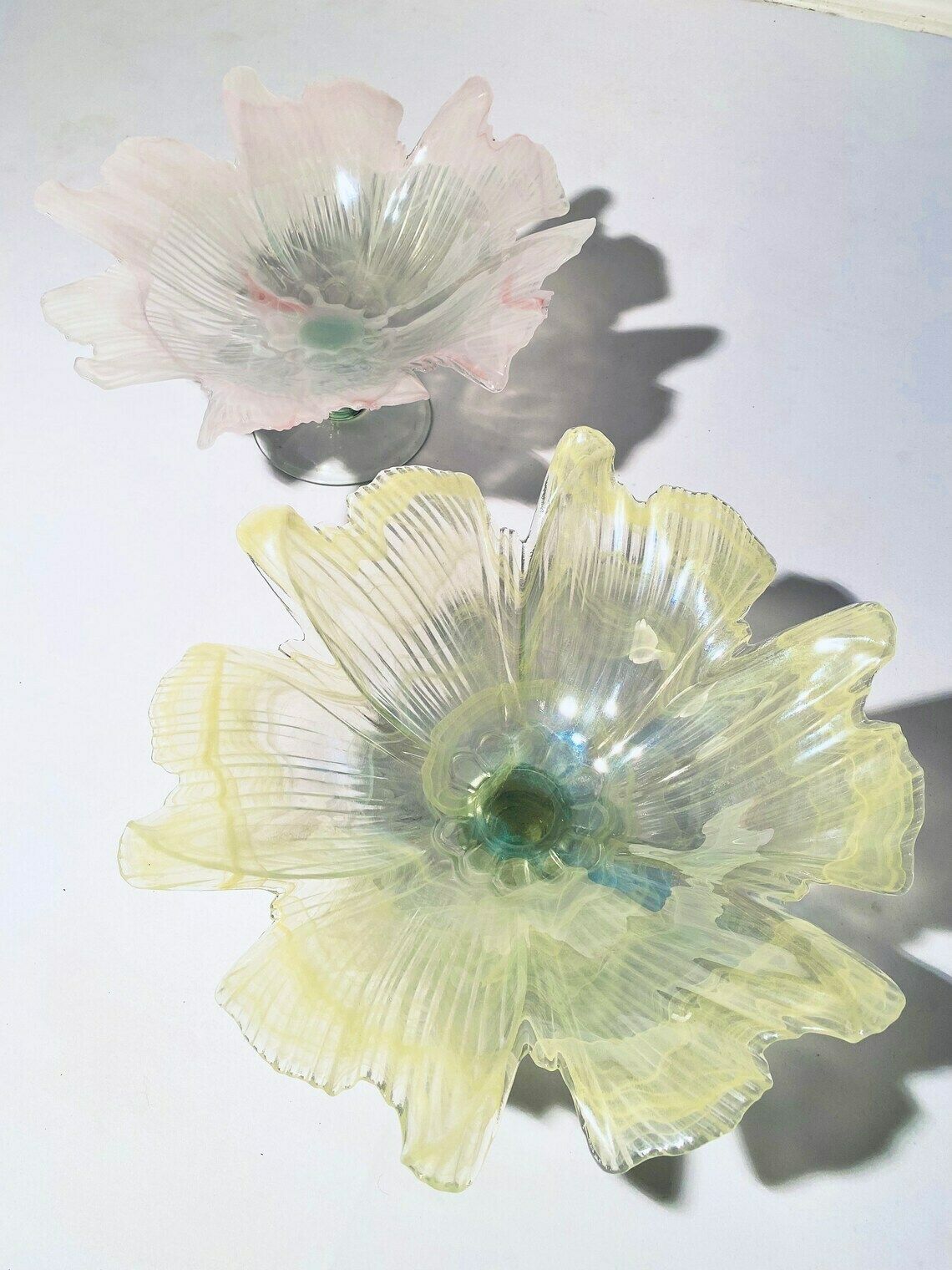 Two Large Murano Style Glass Fruit Bowls Yellow And Rosé / 1980s Vintage Decor Italy photo for sale