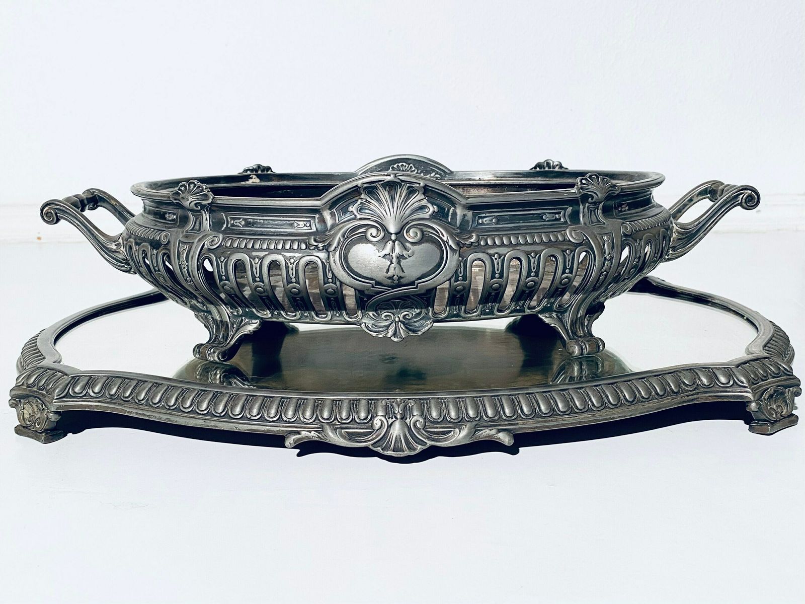 Antique Jardinière Art Nouveau Centerpiece & Matching Mirror Tray / 1900s France photo for sale