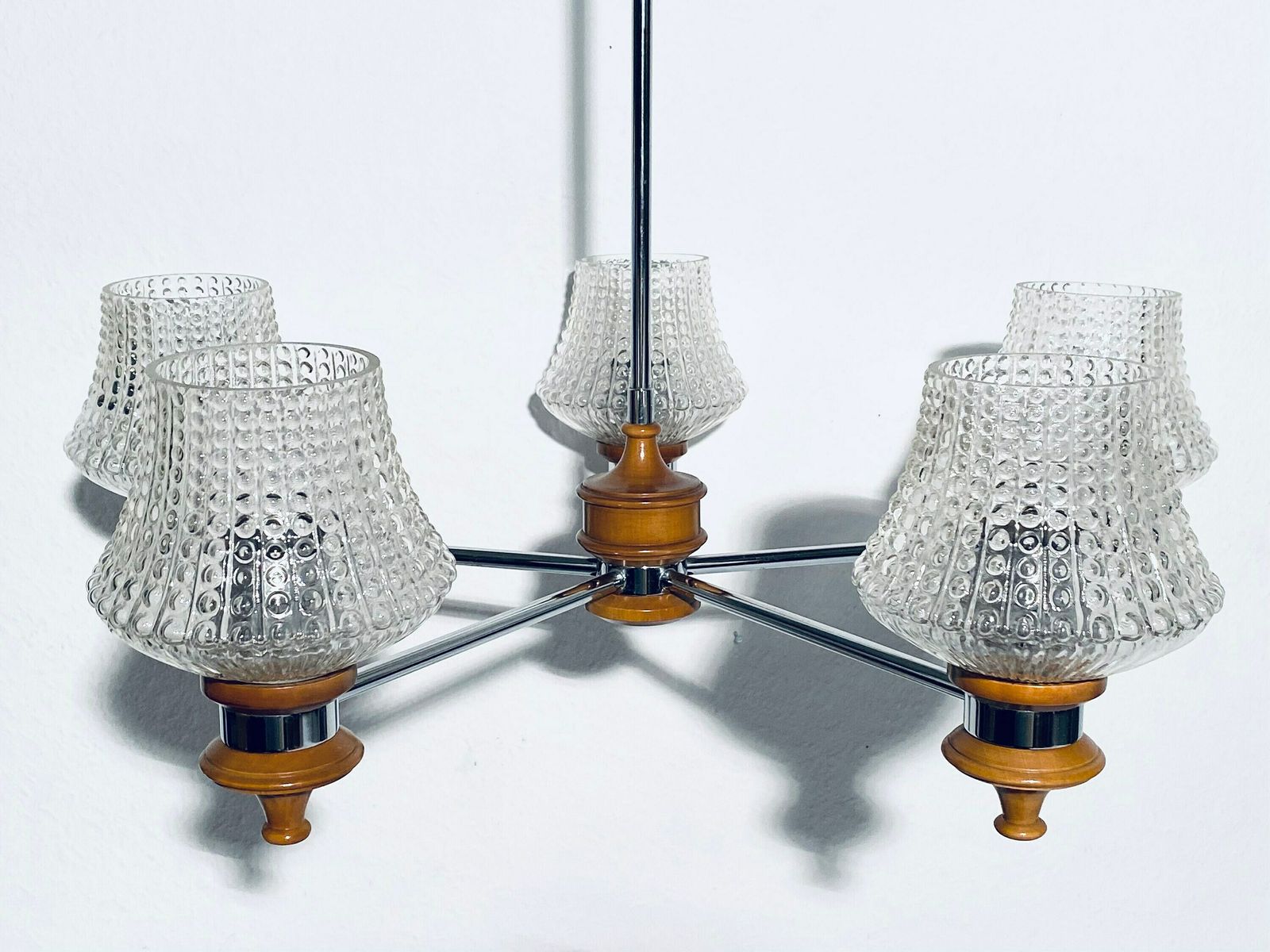 Mid Century Chandelier Ceiling Lamp Wood And Frosted Glass / Vintage Decor 1960s