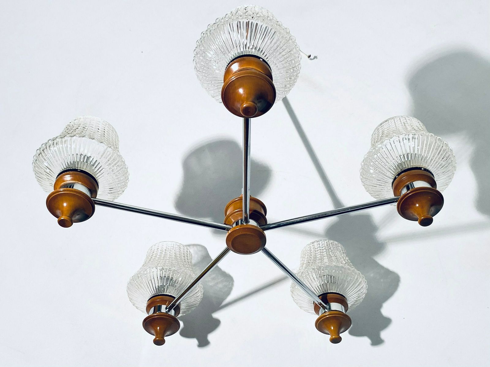 Mid Century Chandelier Ceiling Lamp Wood And Frosted Glass / Vintage Decor 1960s photo for sale