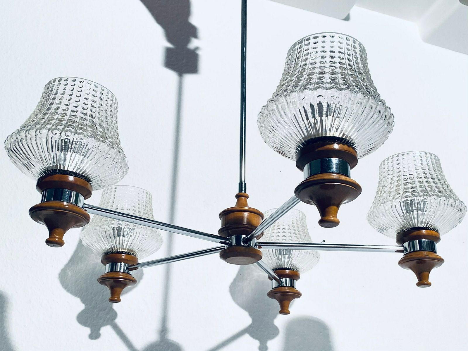 Mid Century Chandelier Ceiling Lamp Wood And Frosted Glass / Vintage Decor 1960s photo vinterior