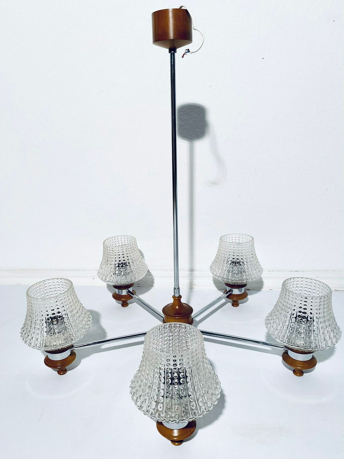 Mid Century Chandelier Ceiling Lamp Wood And Frosted Glass / Vintage Decor 1960s photo buy