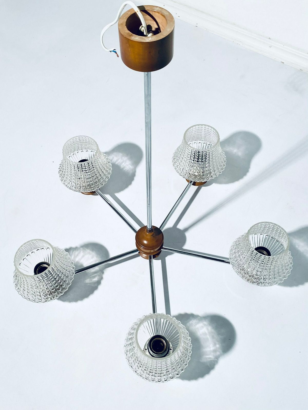 photo furniture Mid Century Chandelier Ceiling Lamp Wood And Frosted Glass / Vintage Decor 1960s