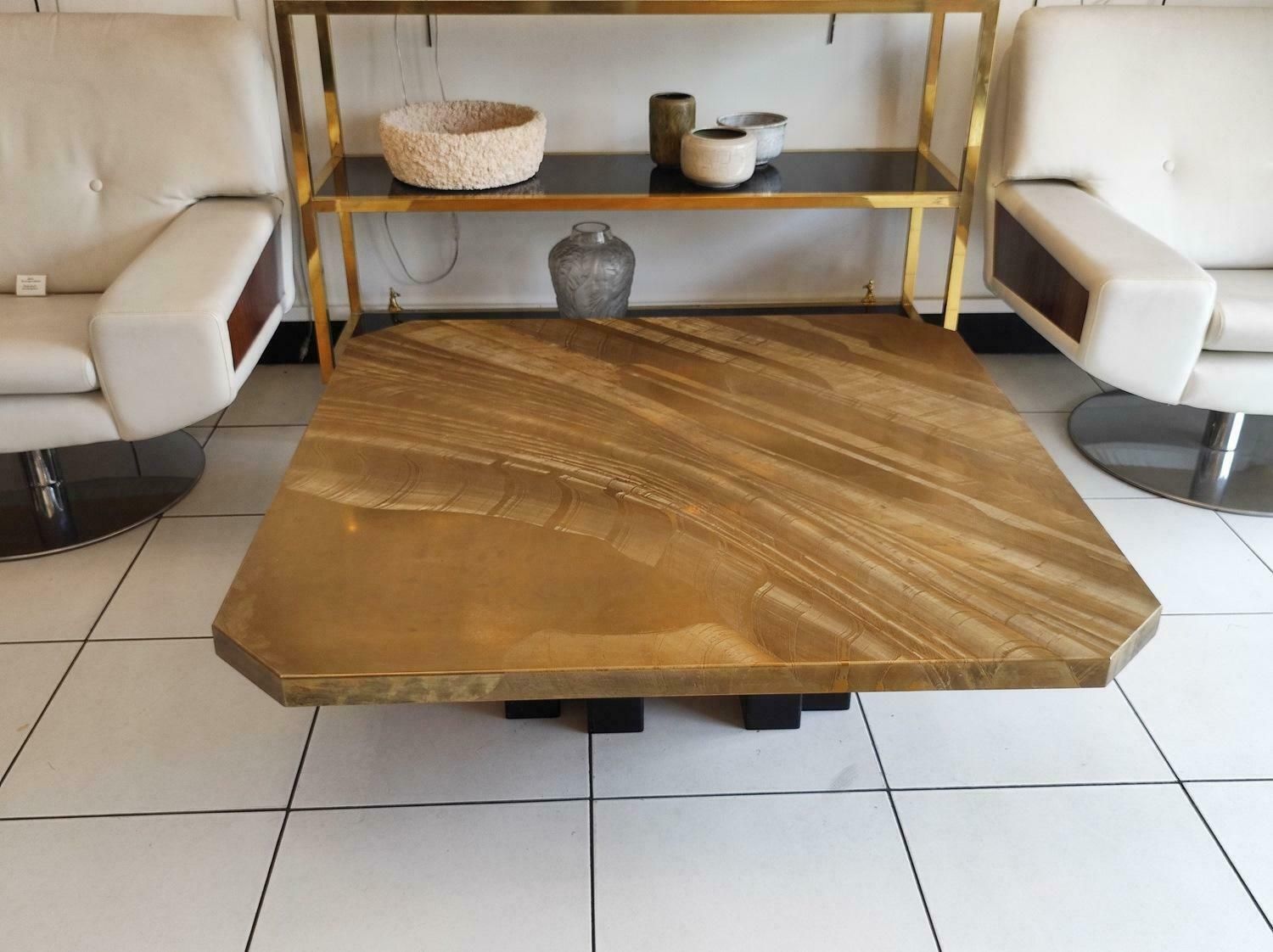 Large Etched Brass Coffee Table By Christian Krekels, Signed , Circa 1975 photo for sale