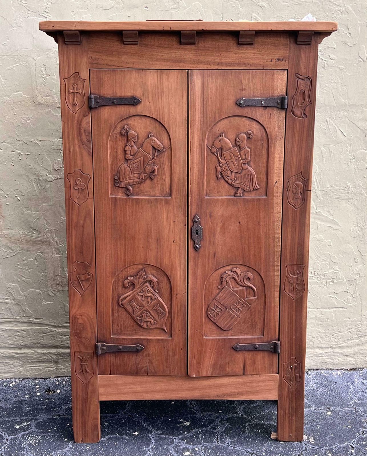 Spanish Gothic Style Walnut Entry Wardrobe With Five Hangers And Carvings photo furniture