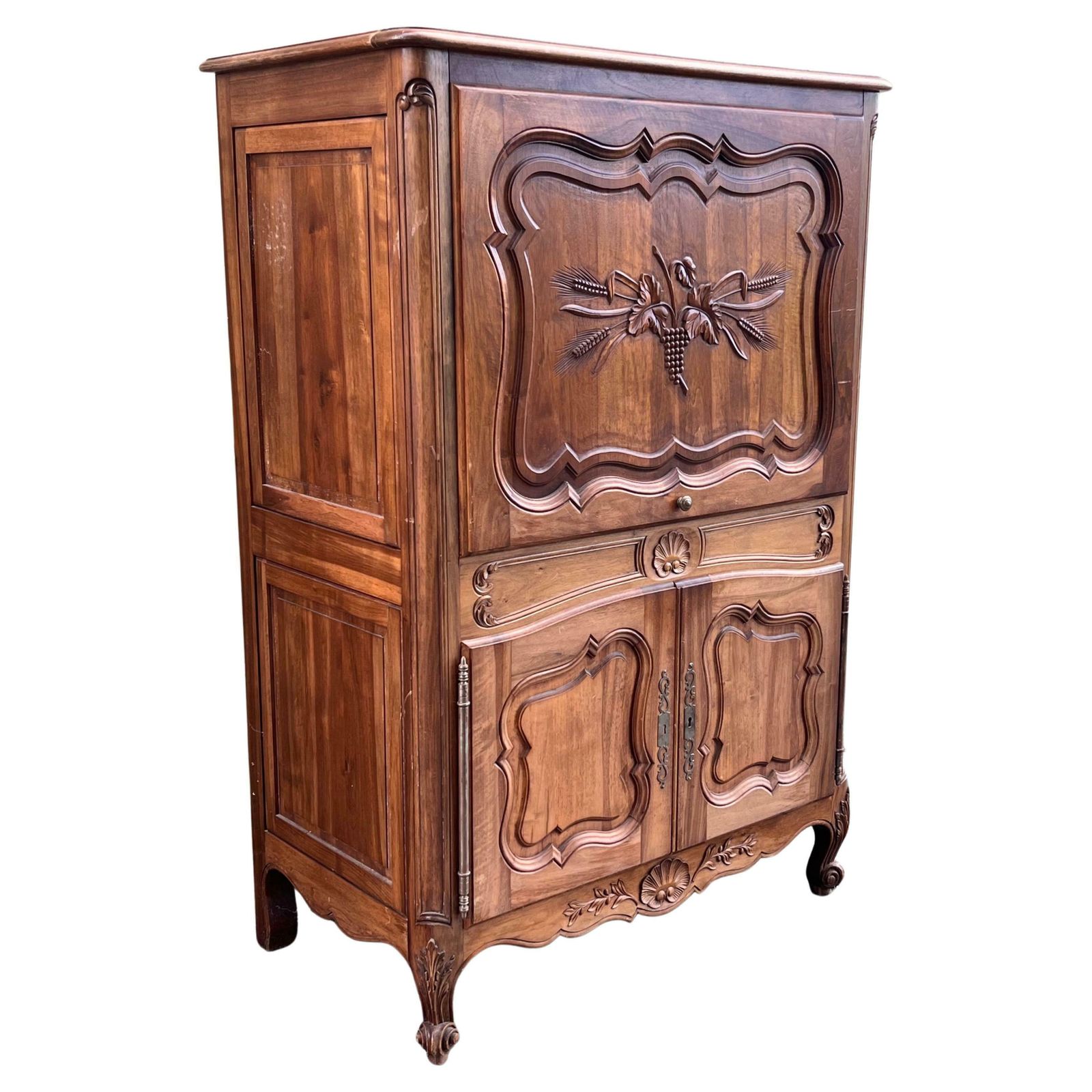 Spanish Fall Front Secretary Desk In Carved Oak, Spain, Circa 1950