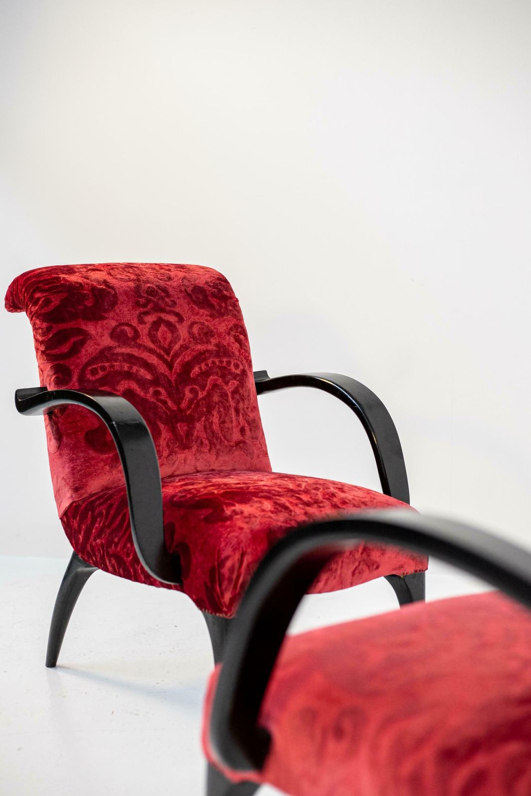 photo buy Gilbert Rohde Att. Pair Of American Armchairs In Red Velvet Damask And Wood