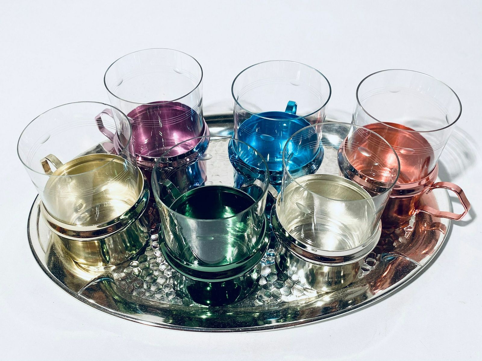 Six Multi Coloured Tea Glass Set With Silver Tray / Vintage Decor 1960s photo for sale