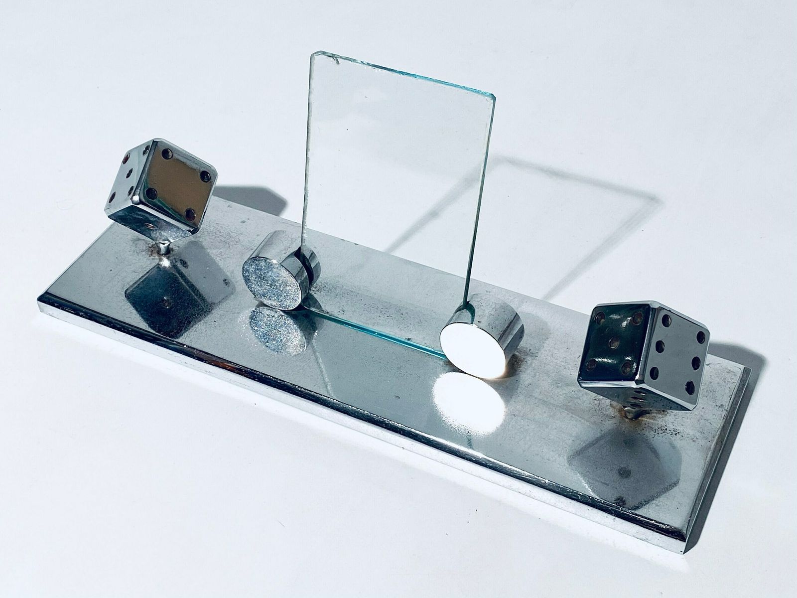 Art Deco Chrome Desk Decoration Picture Frame / Chrome Dice / Vintage Decor 1910s