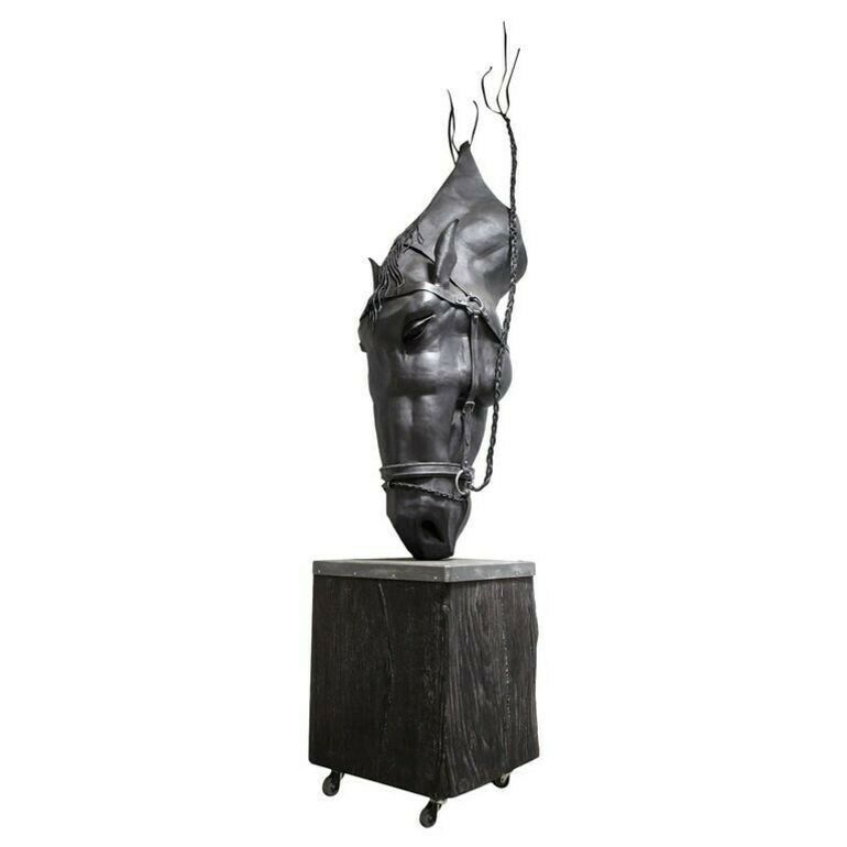 Metal Horse Head Sculpture By G. Fössl, Handforged On Charred Oak Base, 2017