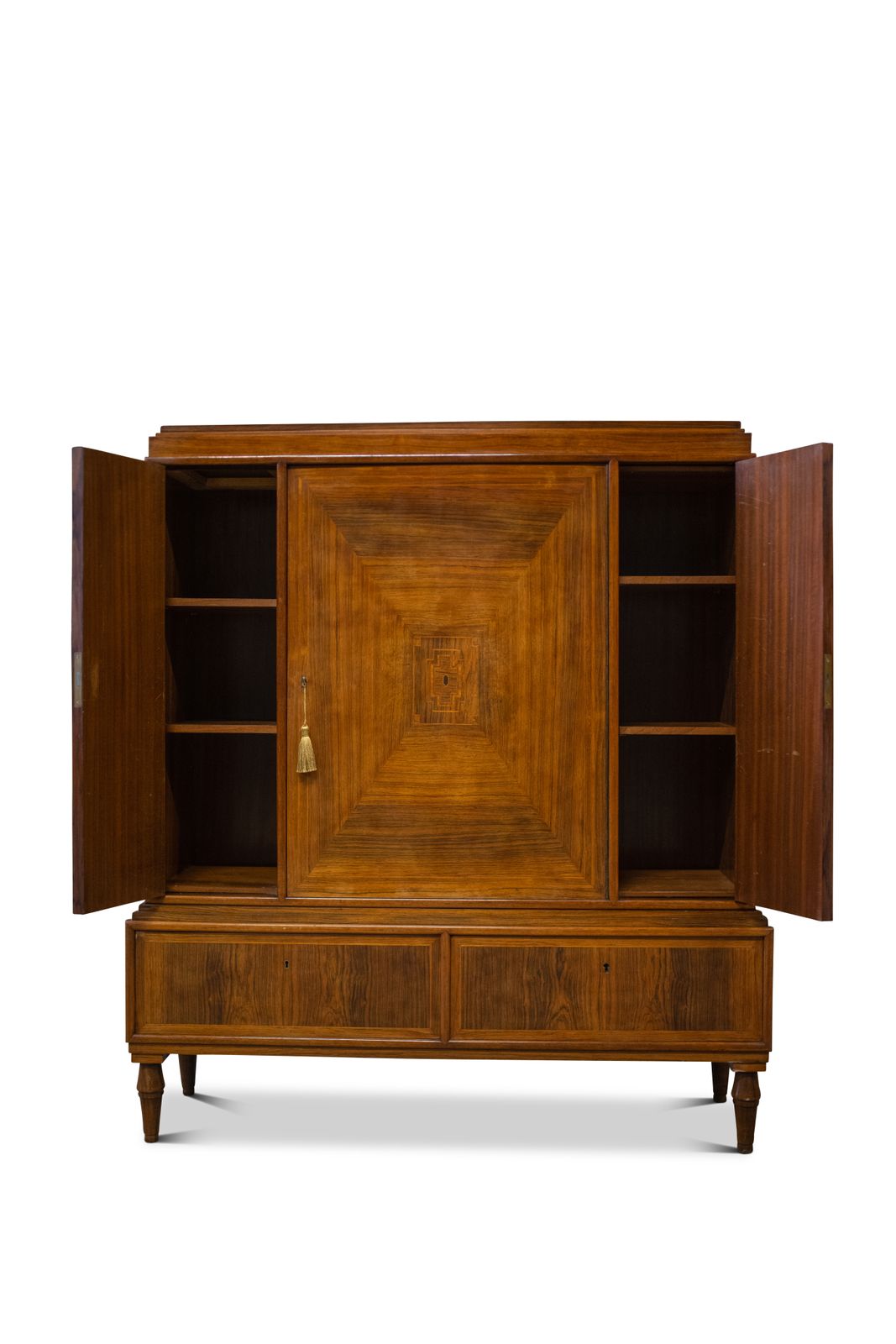 A Grand Rosewood Three Doored Fitted Salon Cabinet With Geometrically Veneered Fronts Raised On Turned Tapering Legs Ol photo Furniture