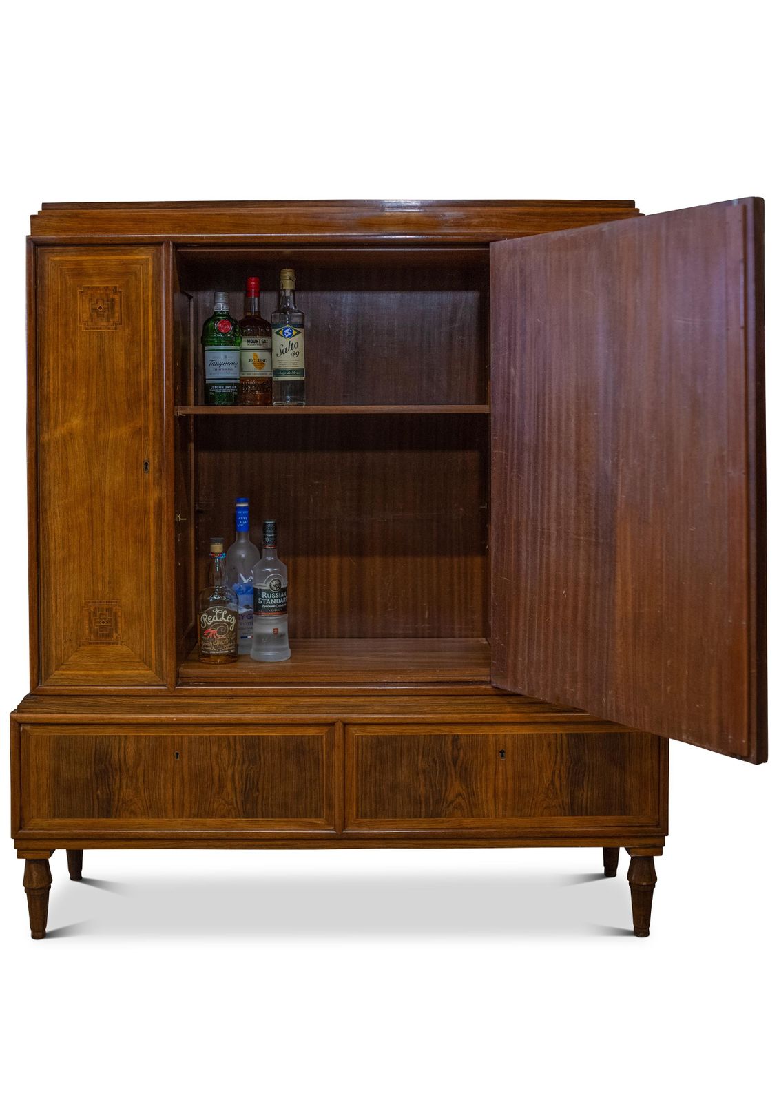 A Grand Rosewood Three Doored Fitted Salon Cabinet With Geometrically Veneered Fronts Raised On Turned Tapering Legs Ol photo vinterior